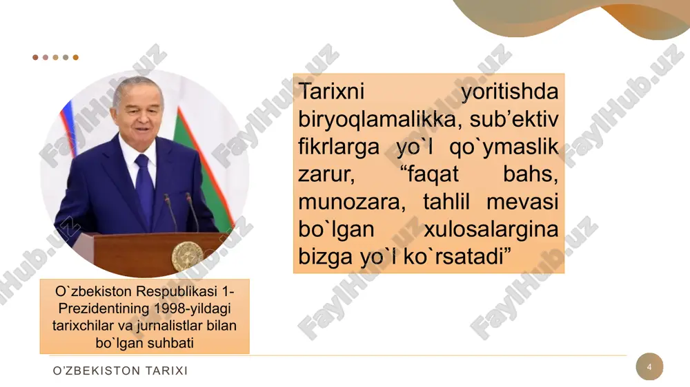 ili “o‘zbekiston tarixining mintaqa va jahon tarixi bilan bog‘liqligi tamoyili o’zbekiston tarixi reja: 16 3. o’zbekiston respublikasi prezidenti shavkat mirziyoyevning ma’naviy yetuk shaxsni tarbiyalashda tarixiy xotiraning o’rni va saboqlari to’g’risidagi fikrlari. o’zbekiston tarixi o‘zbekistonning eng yangi tarixi 17 prezident shavkat mirziyoev ma’naviy etuk shaxsni tarbiyalashda tarixiy xotiraning o‘rni va saboqlari to‘g‘risida fikr bildirib, mustaqillik yillarida haqqoniy tariximizni o‘rganish borasida ko‘plab ilmiy va nazariy xulosalarni berib kelmoqda. bu borada o‘z fikr mulohazalarini bildirgan prezidentimiz quyidagilarni qayd etadi: ”afsuski, yurtimiz tarixini o‘rganishda o‘tgan davrlarda arxeologik tadqiqotlar etarli darajada olib borilmadi. shuning uchun fanlar akademiyasining arxeologiya va san’atshunoslik institutlari faoliyatini, oliy o‘quv yurtlari va muzeylardagi arxeologik izlanishlarni chet ellik hamkorlar bilan birga tashkil etish zarur”. o’zbekiston tarixi o‘zbekistonning eng yangi tarixi 18 tarix fani va unga oid bilimlar jamiyat manfaatlariga, insonlarning ma’naviy dunyosiga ijobiy ta’sir qilishi, kishilarda tarixiy xotira, ajdodlar merosidan faxrlanish tuyg‘usini uyg‘ota olishi lozim. bu borada o‘z fikrlarini bayon qilgan prezidentimiz …
