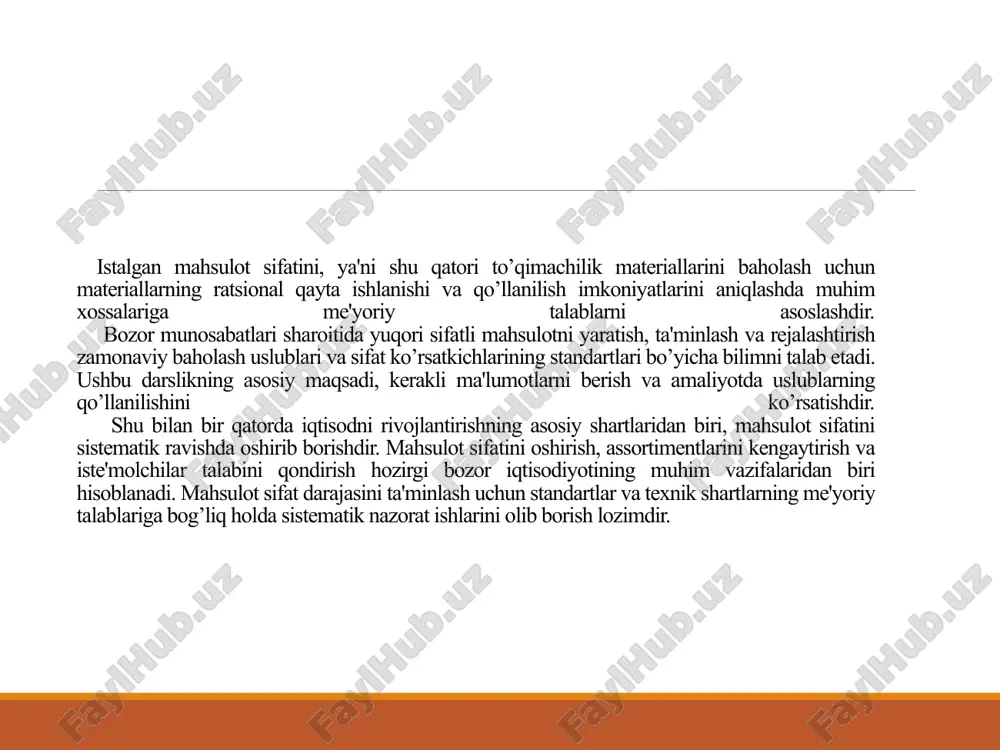 metrologik tekshiruv va nazorat quyidagilarga nisbatan qo’llaniladi: -o’lchov birliklari; -o’lchash va sinash vositalari, shu jumladan etalonlar, modda va materiallar tarkibi va xossalarining standart namunalari, axborot-o’lchash tizimlari; -o’lchash va sinashlarni bajarish uslublari; -o’lchash va sinashlarning natijalari; -o’lchash vositalarini yaratuvchi, ishlab chiqaruvchi, foydalanuvchi, qiyoslovchi va ijaraga beruvchi, o’lchashlarni bajarish uslublarini yaratish, attestatsiyalashni amalga oshiruvchi tadbirkorlik sub'ektlari; -o’lchashlarni amalga oshiruvchi shaxslar; -metrologik talablar qo’yiladigan boshqa ob'ektlar. metrologik tekshiruv va nazorat quyidagilarga bo’linadi: -davlat metrologik tekshiruvi va nazorati; -yuridik shaxslar tomonidan bajariladigan metrologik tekshiruv va nazorat. xorijda ishlab chiqarilgan, import bo’yicha keltiriladigan standart namunalar qo’llanilishiga belgilangan tartibda ruxsat etiladi. xalqaro va hududiy tashkilotlarda yaratilgan standart namunalar, agar bu ishda o’zbekiston davlati qatnashgan va standart namunalarni tan olishga qo’shilgan bo’lsa, bunday standart namunalar uni tan olishda ko’rsatilgan shartlarga muvofiq qo’llaniladi. standart namunalar uchun metrologik tavsilotlar o’rnatilgan bo’lishi lozim, bunday tavsilotlar standart namunalarni yaratish va chiqarishga xujjatlarda me’yorlanadi. standart namunalarni yaratish va chiqarish xujjatlarida ularning muayyan …