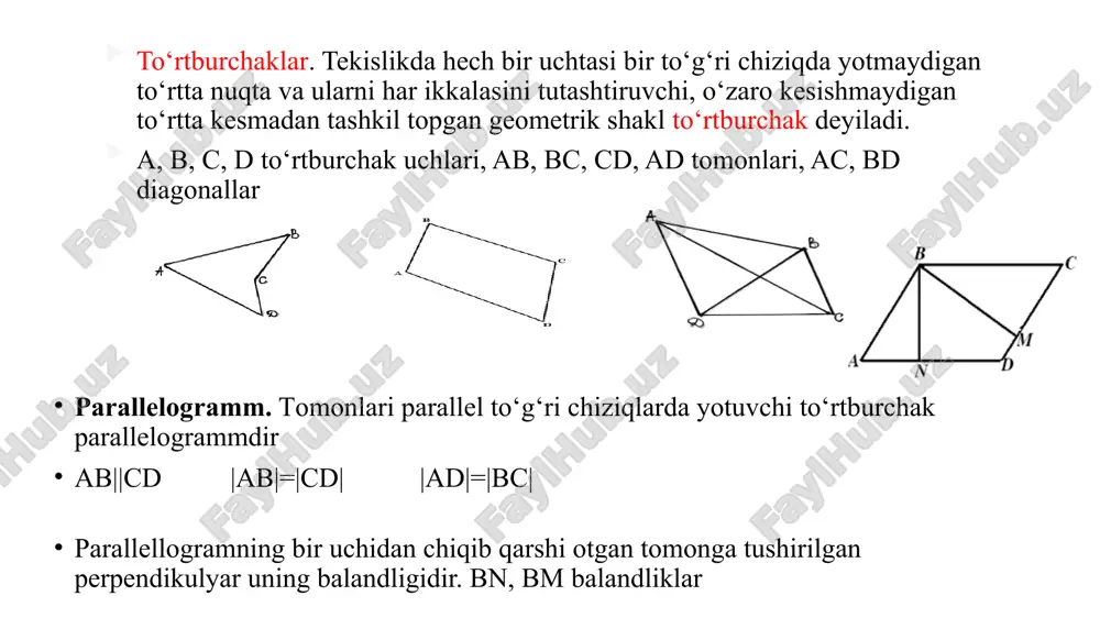 n tekislikda bajariladigan yasashga oid geometrik masalalar haqida so‘z yuritamiz. tekislikda yasashga oid geometrik masalalar antik misr, bobil, yunon matematikasida alohida o‘rin egallagan. tekislikda yasashga oid geometrik masalalarni bir qancha yasash asboblari vositasida yasash mumkin. biz esa faqat chizg‘ich va sirkul vositasida yasaladigan masalalarni ko‘rib chiqamiz. shuning uchun geometriyaning bu qismi konstruktiv geometriya yoki sirkul va chizg‘ich geometriyasi deb ham ataladi. tekislikda yasashga doir geometrik tekislikda yasashga doir geometrik masalalarni yechish jarayonida yasashga oid quyidagi umumiy aksiomalardan foydalaniladi. . har bir figura yasalgandir. agar va figura yasalgan bo‘lsa yasalgandir. agar bo‘lib va figuralar yasalgan bo‘lsa figura yasalgandir. agarva figura yasalgan bo‘lib bo‘lsa, u holda yasalgandir. agar figura yasalgan bo‘lsa unga tegishli nuqta yasalgandir. . agar figura yasalgan bo‘lsa () ga tegishli bo‘lmagan nuqtani yasash mumkin (e evklid fazosi nazarda tutiladi). . agar va nuqtalar yasalgan bo‘lsa nurni yasash mumkin. va ga asosan kesmani yasash mumkin. . agar o nuqta va …