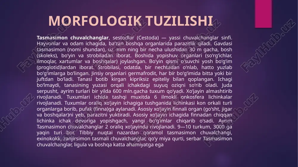 anadi. sistiserk cho„chqa tanasida 3 yildan 6 yilgacha yashashi mumkin. exinakok exinokokk — tasmasimon chuvalchanglar sinfiga mansub parazit. voyaga yetgan davrida yirtqich hayvonlar (it, boʻri, chiyaboʻri, mushuk) ichagida parazitlik qiladi. uz. 3–6 mm, gavdasi 4 soʻrgʻichli bosh, 3—4 boʻgʻimli tanadan iborat. oxirgi boʻgʻimdagi jinsiy organlarida tuxum hujayralar yetiladi. tuxumlari xoʻjayini axlati bilan tashqariga chiqariladi. e. tuxumlari ifloslangan yemxashak bilan oraliq xoʻjayin (odam va oʻtxoʻr hayvonlar: sigir, qoʻy, echki, choʻchqa) ichagiga tushganida ulardan onkosfera lichinkasi chiqadi. lichinka ichak devoridan qonga oʻtadi va darvoza venasi orqali jigar, oʻpka, muskullar va suyaklarga borib, pufaksimon bosqich — e. finnasiga aylanadi. har bir pufak devorida yana ikkilamchi, soʻngra uchlamchi pufaklar hosil boʻladi. pufaklar ichida parazit boshchasi shakllanadi. pufaklar yiriklasha borib, mushtdek va undan kattaroq boʻladi. qoramollar jigaridan 64 kg ogʻirlikdagi exinokokk finnasi topilgan. e. pufak davrida exinokokkoz kasalligini paydo qiladi. e’tiboringiz uchun rahmat murtazoyev anvar image6.jpeg image7.jpeg image8.jpeg image9.jpeg image10.jpeg image11.jpeg image2.png image3.png image4.png image5.png …