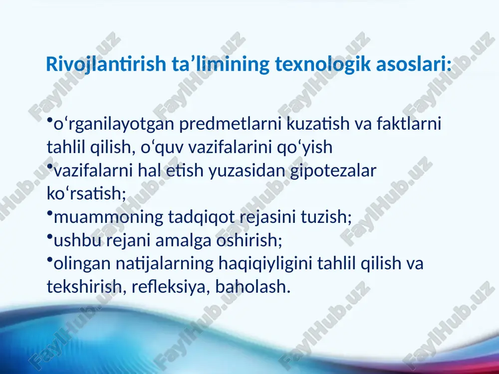 .a. zankov tizimining didaktik tamoyillari: kompleks rivojlantirish tizimini tashkil etish asosida shaxsni maqsadli rivojlantirish; mazmunning tizimligi va yaxlitligi; nazariy bilimlarning yetakchi roli; o‘qitishda qiyinchilikning yuqori darajasi; materialni o‘rganishning tez sur’atda kechishi; bolani o‘qitish jarayonini tushunishi; o‘quvchi shaxsining nafaqat oqilona, balki emotsional sohasini o‘qish jarayonida faollashtirish; mazmunda muammoli vaziyatlarni yaratish; o‘qitish jarayonining variativligi, yakka tartibdagi yondashuv; barcha bolalarni rivojlantirish bo‘yicha ishlar. 18 minuslar: ushbu dasturlar mualliflari o‘z ta’lim loyihalarini yakuniga qadar ishlab chiqmagan, shuning uchun bugungi kunda asosiy maktab uchun bironta rivojlantirish tizimlari mavjud emas inson ijodiga asosiy imkoniyatlar erta yoshda yaratiladi va maktab shu ma’noda “tayyor shaxs ” ga ega bo‘ladi. o‘qituvchilarga o‘quvchilarni tanqidiy, ijodiy fikrlashni o‘rgatish taklif etilmoqda, ammo bu hali maktabda ijodiy va tanqidiy fikrlashni rivojlantirish mumkin ekanmi degan savol tug’iladi. 3) tug‘ilganidan sust dinamik harakatlarga ega bolalar bilan butun sinf uchun yagona sur’atda, yoppasiga ish olib borish to’ri bo‘lmaydi. shu bois barchani tez sur’atda va yuqori darajada …
