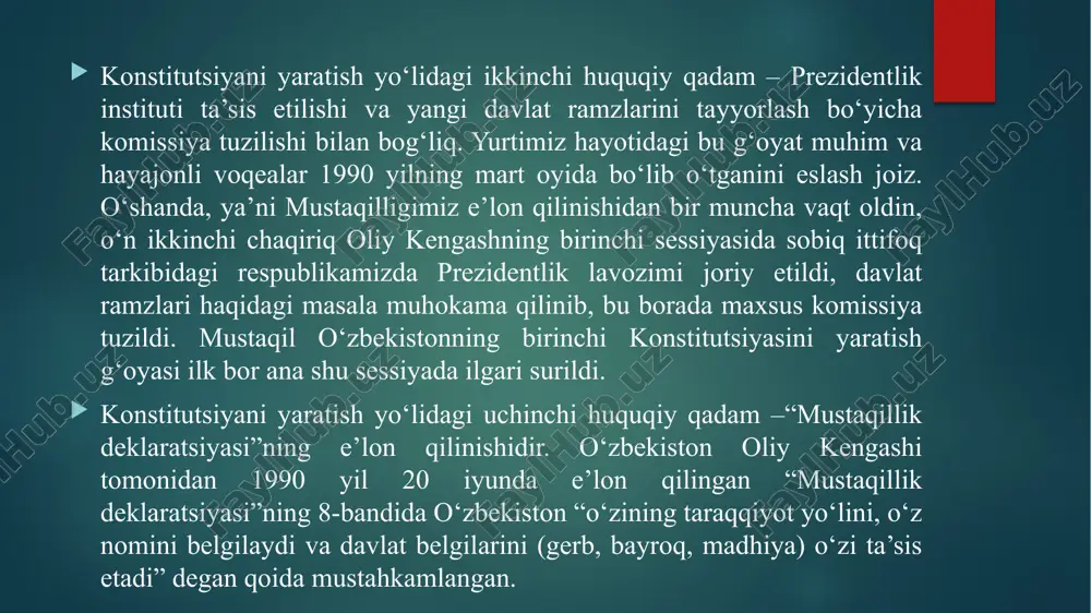hun kiritilgan konstitutsiya loyihasiga 80 ga yaqin o‘zgarishlar, qo‘shimchalar taklif etildi va aniqliklar kiritildi. parlament deputatlari tomonidan loyiha moddama-modda muhokama qilinib, unga yana bir qator o‘zgartishlar kiritilgach, 1992 yil 8 dekabr kuni bosh qomusimiz qabul qilindi. shu kundan e’tiboran, 8 dekabr – umumxalq bayrami deb e’lon qilindi. shunday qilib, o‘zbekiston o‘z mustaqilligini e’lon qilgan sanadan e’tiboran dunyo sahnida yangi, suveren davlat qaror topgan bo‘lsa, birinchi konstitutsiyamiz qabul qilingan kuni davlatimiz yangidan tug‘ildi, haqiqiy mustaqilligimizga mustahkam huquqiy poydevor qo‘yildi. o‘tgan davr mobaynida mamlakatimiz parlamenti konstitutsiya normalariga muvofiq 8 ta konstitutsiyaviy qonun, 15 ta kodeks, 600 dan ziyod qonunni qabul qildi, 200 dan ortiq ko‘p tomonlama xalqaro shartnomani ratifikatsiya qildi va shu tariqa asosiy qonunimizni amalga oshirishning yaxlit huquqiy mexanizmi yaratildi. uning samaradorligini vaqt o‘zi ko‘rsatib turibdi va bu bugun jahon hamjamiyati tomonidan e’tirof etilmoqda. o‘zbekiston respublikasi konstitutsiyasining yangi tahriri 2023 yil 1 maydan e’tiboran kuchga kirdi. bunga 30 aprel kuni bo‘lib …