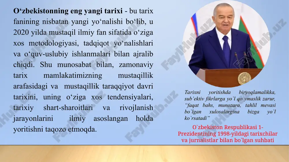 lashtirish va fuqarolik jamiyatini shakllantirish kontsepsiyasi.-t: “o‘zbekiston”, 2010 yil. 3. karimov i. o‘zbekiston mustaqillikka erishish ostonasida.-t: “o‘zbekiston”, 2011 yil. 4. sobirov a. o‘zbekistonning yangi tarixi: o‘rganish metodologiyasi masalalari bo‘yicha // "o‘zbekistonning eng yangi tarixi: nazariy va metodologik asoslari, o‘rganish tajribasi, manbalari va usullari" respublika ilmiy-amaliy konferensiyasi materiallari. – t: 2013 yil. 5. rahimov m. o‘rta osiyoda zamonaviy xalqaro munosabatlarni o‘rganishda fanlararo usullardan foydalanish. o‘zbekistondagi og‘iz tarixi: nazariya va amaliyot. –t: o‘zr ii an, 2011 yil. 6. rahimov m., tursunova r. o‘zbekistonning zamonaviy tarixi. qo‘llanma. –t: jidu, 2014 yil. e'tiboringiz uchun rahmat! 16 *