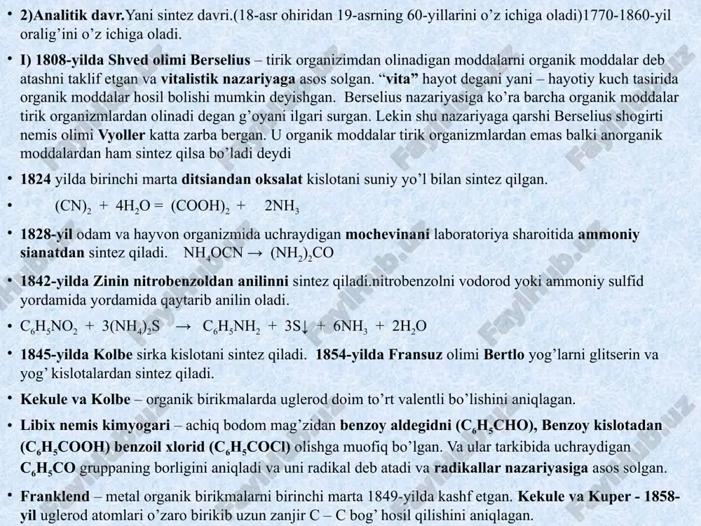 ion bog'lanishli birikmalar bo'lib, ular suvda ionlarga oson parchalanadi va ular orasida reaksiyalar tez boradi. organik birikmalar orasidagi reaksiyalar esa sekin boradi, ba'zilari faqat katalizator ishtirokida ketadi. ko'pgina organik birikmalar orasidagi reaksiyalar oxirigacha bormaydi, ya'ni reaksiya mahsulotining unumi yuz foiz bo'lmaydi. 4. organik birikmalar molekulasida turli funksional gruppalar va bog'lanishlarning mavjudligi hamda reaksiyaning borish sharoiti (temperatura, reagentning konsentratsiyasi, katalizator) bir vaqtning o'zida bir nechta parallel va ketma-ket reaksiyalarning sodir bo'lishiga imkon yaratadi. 5. anorganik birikmalar turi 400 000 dan ortiq bo`lsa, organik birikmalar juda ko'p (hozirgacha 10 mln. dan ortiq) va turli-tumandir. bunga sabab, birinchidan, uglerod atomlarining bir-biri bilan o'zaro birikib uzun uglerodli ochiq va halqali zanjir hosil qilish xususiyati bo'lsa, ikkinchidan, organik birikmalarda izomeriya hodisasining keng tarqalganligidir. organik birikmalar hammasi yonadi va co2 va h2o hosil qiladi. anorganik birikmalarni ko`pchiligi esa yonmaydi. izomeriya hodisasi. izomeriya terminini fanga 1830-yilda berselius kiritgan. izomeriya mohiyatini 1864 – yilda butlerov o’zining tuzilish nazariyasini …