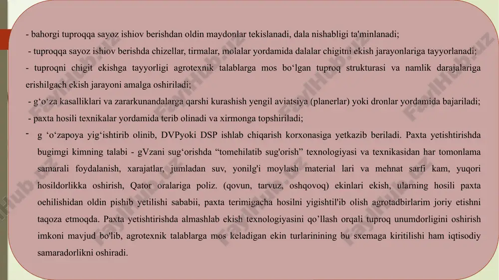 ta hosili qoldiqlarini yig‘ishtiradigan va tozalaydigan ko‘sak terish va ko‘sak chuvish mashinalari. 3. dalani g‘o‘zapoyadan tozalaydigan mashinalar: g‘o‘zapoya yulishuyumlash mashinalari yoki g‘o‘zapoyani o‘rib, maydalab dalaga sochish mashinalari. vertikal shpindelli paxta terish mashinasi ochilgan chanoqlardan paxtani terish uchun mo‘ljallangan bo‘lib, u havo so‘ruvchi quvur 1 (1–rasm), yerga to‘kilgan paxta teriladigan bunker 2, xas-cho‘p ajratkich 3, yerga to‘kilgan paxtani terish moslamasi ventilyatori 4, shpindel 5, shpindelli baraban 6, ajratkich 7, asosiy ventilyator 8, asosiy bunker 9, yerga to‘kilgan paxtani terish moslamasining haydash quvuri 10, asosiy bunkerga chiqaruvchi quvur 11, tozalagich 12, ketingi g‘ildirak suyri to‘sqichi 13, pnevmatik yerga to‘kilgan paxtani terish moslamasi 14, terish apparati 15, qabul kamerasi 16, tup ko‘targich 17 lardan iborat. bundan tashqari mashina suv sistemasi, gidrosistema, elektr jihozlari, harakat uzatish moslamalari bilan jihozlangan. suv sistemasi mashinaning shpindellarini yuvish, suv bakini suv bilan to‘ldirish uchun xizmat qiladi. mashinaning gidrosistemasi bunkerni ko‘tarish, terish apparatlarini ko‘tarish va rul boshqarmasining gidrokuchaytirgichi qismlaridan …