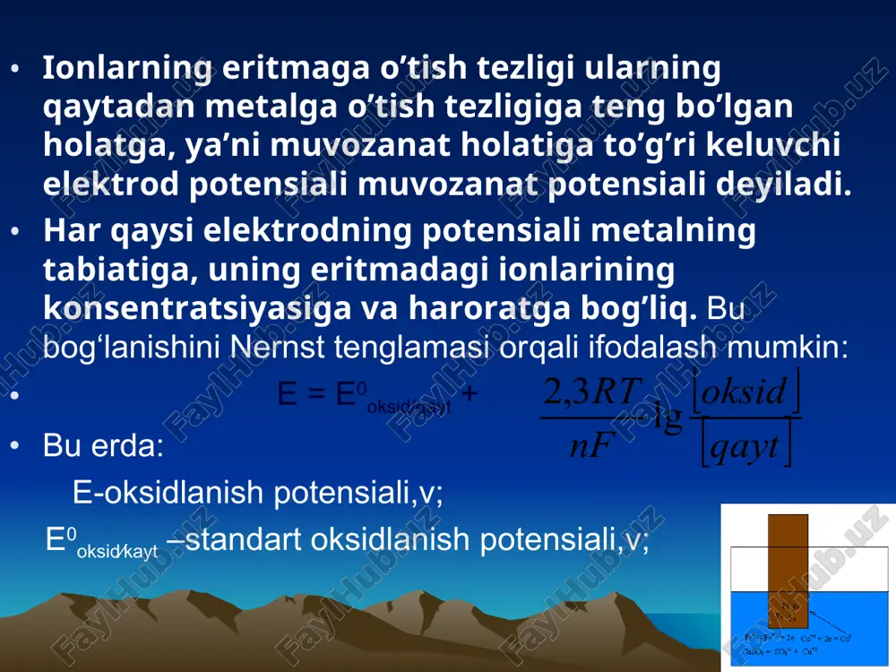tion beruvchi gazli vodorod elektrod hosil bo‘ladi. gaz elektrodlardagi reaksiyalarda gazlar ishtirok etgani uchun, bu elektrodlar potentsiallari gazlarning parsial bosimiga bog‘liq bo‘ladi. vodorod elektrod uchun nernst tenglamasini 298k da quiydagicha yozish mumkin: 0,059 a2h+ eh+/h = ---------- lg ----------- 1 ph2 bu yerda : ph2 –vodorod parcial bosimi, a2h+ - elektrolitdagi h+ ionning aktivligi. masala. kadmiyning standart elektrod potentsiali e0 = -0,40 v ga teng, eritmada cd2+ ionlar koncentratsiyasi 0,001 mol/l ga teng bo‘lganda cd elektrodning potensiali nechaga teng bo‘ladi? echish: 0,059 e cd2+/cd =-0,4+——— lg10-3= - 0,4 +0,029(-3)= - 0,49 v 2 demak, eritmada ionlar koncentratsiyasini o’zgartirish elektrod potentsial qiymatini o’zgartiradi. shuni nazarda tutib har xil koncentratsiyali bitta tuz eritmalariga bir xil elektrodlarni tushirib koncentrasion galvanik element hosil qilish mumkin . mustaqil tayyorlanish uchun savollar. 1. elektrod potensial nima? 2. galvanik elemantlarning elektr yurituvchi kuchi qanday aniqlanadi? 3. nernct tenglamasi nimani ifodalaydi? 4.vodorod elertrodining ishlash prinsipini tushuntiring. 5. yakobi-daniel …