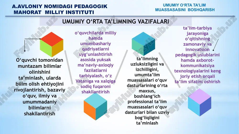 mahkamasining qarorlariga, ushbu nizomga, boshqa normativ-huquqiy hujjatlarga, shuningdek umumta’lim muassasasining ustaviga amal qiladi a.avloniy nomidagi pedagogik mahorat milliy instituti umumiy o‘rta ta’lim muassasasini boshqarish pedagogik kengashning maqsadi umumta’lim muassasasida davlatning ta’lim siyosatini amalga oshirish umumta’lim muassasasining maqsadi va vazifalaridan kelib chiqqan holda ta’lim-tarbiya jarayonini rivojlantirish takomillashtirishda pedagogik jamoaning faoliyat yo‘nalishini belgilash ta’limdagi yutuqlarni va ilg‘or pedagogik tajribalarni amaliyotga joriy etishda pedagogik jamoani birlashtirish demokratiya, oshkoralik, o‘zini o‘zi boshqarish tamoyillari asosida umumta’lim muassasasi boshqaruvini amalga oshirish a.avloniy nomidagi pedagogik mahorat milliy instituti umumiy o‘rta ta’lim muassasasini boshqarish uzluksiz metodik xizmat koʻrsatish tizimidagi kengash va birlashmalarning faoliyati tegishli nizom asosida tashkil qilinadi. umumiy oʻrta taʼlim maktablari oʻqituvchilariga uzluksiz metodik xizmat koʻrsatish tartibi umumiy oʻrta taʼlim maktablarining fan metodbirlashmalari; umumiy oʻrta taʼlim maktablarining pedagogik kengashi; tuman (shahar)larda “mentorlar guruhi” (jamoatchilik asosida); pedagoglarni yangi metodikalarga oʻrgatish milliy markazlaridagi metodik xizmat ko‘rsatish bo‘limlari; qoraqalpogʻiston respublikasi maktabgacha va maktab taʼlimi vazirligi, toshkent shahar va viloyatlar maktabgacha …