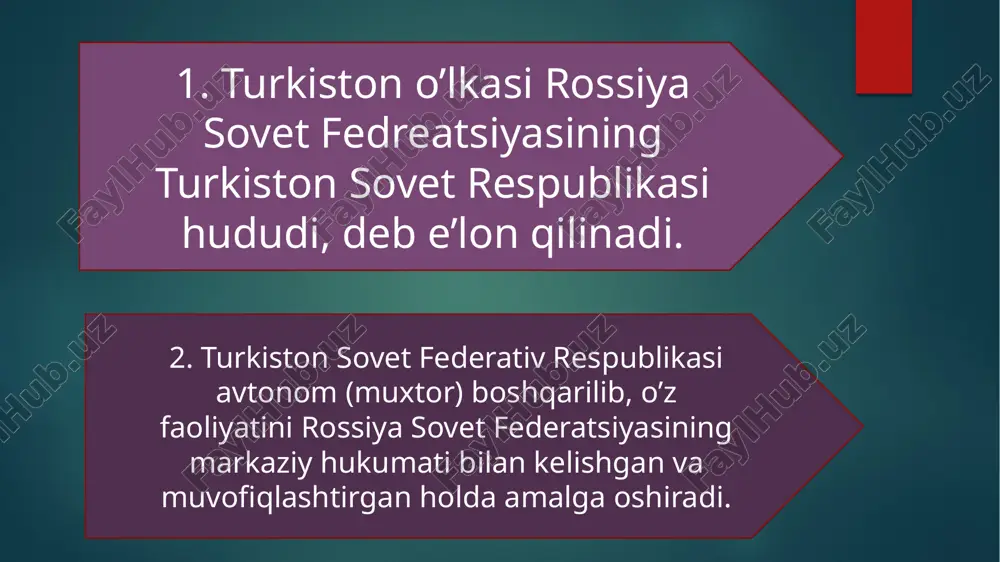 a muhokama qilindi. sessiyada turkiston iqtisodiy kengashining iqtisodiy siyosat va yagona xo‘jalik rejasi to‘g’risidagi ma’ruzalari tinglandi. turkistonning iqtisodiy ahvolini muhokama qilish respublikaning xo‘jalik hayotida ayrim siljishlarga erishilganligini kursatdi. turkiston iqtisodiy kengashi tarkibiy qismlari 1. kotibiyat 2. turkison reja qo’mitasi 3. taqsimot komissarligi 4. ilmiy institut 5. nashriyot partiya va sovet organlari agrar siyosatni amalga oshirish maqsadida tashkil etgan dehqonlarning sinfiy tashkilotlari kombed kamba g’allar komitetlari dehqon lar uyushmalari “qo’sh chi” uyishma-lari “qo’shchi” uyushmasi turkiston kompartiyasi v syezdida(1920-yil sentabr) tuzilgan. o’zbekiston hududida yer-suv islohoti o’tkazilishi va jamoa xo’jaliklarini tashkil qilishda muhim rol o’ynagan. unga kambag’al dehqonlardarn tashqari o’rtahol dehqonlar ham a’zo qilingan. 1921-yilda uyushma a’zolarining soni 200 ming nafarga yetdi. 1930-yilda tugatilgan. 1917-1924 yillardagi ma’naviy -madaniy hayotning xususiyatlari madaniy – oqartuv muassasalari 1921 yil o‘rtalarida toshkentda 200 kishiga mo‘ljallangan to‘rt oylik siyosiy-oqartuv kursi ochildi. kursning asosiy vazifasi ishchi va kambag‘al dexqonlardan kutubxonachi, muzey ekskursovodchisi, savodsizlikni tugatish xodimi, mafkurachi- siyosatchi kabi xodimlarni …