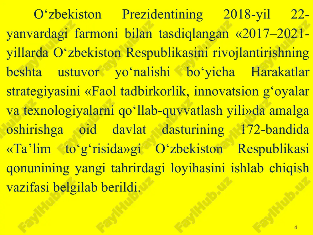 majburiy bo‘lgan o‘n bir yil davomida amalga oshiriladi. o‘rta maxsus ta’lim akademik litseylarda to‘qqiz yillik tayanch o‘rta ta’lim asosida ikki yil mobaynida amalga oshiriladi va ta’lim oluvchilarning intellektual qobiliyatlarining jadal rivojlanishini, shuningdek chuqur, tabaqalashtirilgan, kasb-xunarga va shaxsga yo‘naltirilgan ta’lim olishini ta’minlaydi. nodavlat ta’lim tashkilotlarida umumiy o‘rta va o‘rta maxsus ta’lim to‘lov-shartnoma asosida amalga oshirilishi mumkin * iqtidorli va iste’dodli bolalarning qobiliyatini rivojlantirish uchun prezident, ijod va boshqa ixtisoslashtirilgan maktablar, shuningdek maktab-internatlar tashkil etilishi mumkin. jismoniy, aqliy, sensor (sezgi) yoki ruhiy nuqsonlari bo‘lgan bolalar, shuningdek uzoq vaqt davolanishga muhtoj bo‘lgan bolalar davlat ixtisoslashtirilgan ta’lim muassasalarida, umumiy o‘rta va o‘rta maxsus ta’lim tashkilotlarida inklyuziv shaklda yoki uy sharoitlarida yakka tartibda ta’lim oladi. umumiy o‘rta ta’lim tashkilotlarining sinflarida (guruhlarida) ta’lim oluvchilar soni o‘ttiz besh nafardan oshmasligi kerak. * professional ta’lim professional ta’lim egallanadigan kasb va mutaxassislik bo‘yicha quyidagi darajalarni o‘z ichiga oladi: boshlang‘ich professional ta’lim; o‘rta professional ta’lim; o‘rta maxsus professional ta’lim. boshlang‘ich …
