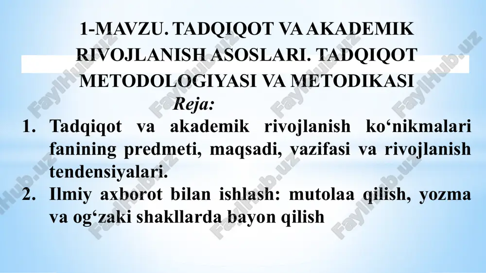 bilib olish uchun; o'rganuvchi mutolaa – mavjud ma'noning eng ko'p hajmini o'zlashtirish uchun. ilmiy adabiyotlarni mutolaa qilish qoidalari: 1. mutolaa g'oyat jiddiy va sermulohazali bo'lishi kerak. 2. ilmiy adabiyotlarni mutolaa qilishda: o'qib chiqilgan matnni tahlil etish kerak; notanish atamalar va tushunchalar ma'nosini bilib olish lozim, o'zingizga ahamiyatli bo'lgan savollarga javob izlash zarur; axborotlarni markirovkalash – belgilar qo'yish kerak. 3. sizning ilmiy ishingizda asqotadigan joylarini: qiziqarli fikrlar, faktlar, raqamlar, har xil nuqtai nazarlarni ko'chirib olish lozim. 4. o'qib chiqqandan keyin olingan axborotlarni ularga tanqidiy nuqtai nazardan, shuningdek sizning tadqiqotingiz uchun ahamiyatini hisobga olib yondashgan holda baholash. axborotlarni markirovkalash usullari siz kitobdagi axborotni belgilab qo'yishning qanday usulini ishlatasiz? sizning alohida belgili tizimingiz bormi? agar siz axborotlarni markirovkalashning alohida belgili tizimini ishlab chiqishga ulgurmagan bo'lsangiz, unda bu haqda o'ylab ko'ring va bir necha o'zingizga ma'qul usullarni taklif qiling. kitob, ilmiy jurnal, ilmiy maqolalar, tezislar to'plami bilan ishlashning protsessual tizimi kitobning tarkibiy tuzilishi kitob …