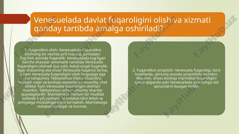 ya kartasini olish, pasport va boshqa hujjatlarni rasmiylashtirish kabi xizmatlardan foydalanishlari mumkin. fuqarolarning davlat xizmati tizimidan foydalanish: venesueladagi fuqarolar davlat xizmati tizimi orqali o‘z huquqlarini amalga oshiradilar. bu xizmatlarning sifatini yaxshilash va ularning adolatli taqsimlanishini ta'minlash davlat xizmatchilarining asosiy maqsadlaridan biridir. 6. davlat fuqarolik xizmati tizimining mehnat sharoitlari mehnat sharoitlari: davlat xizmatchilari uchun mehnat qonunlari va sharoitlari belgilangan. ular qonuniy va ijtimoiy himoyaga ega bo‘lib, ijtimoiy ta'minot tizimi (pensiya, sog'liqni saqlash va ta'til) bilan ta'minlanadi.kadrlarni tayyorlash va malaka oshirish: davlat xizmatchilari o‘z kasbiy malakalarini oshirish va yangi ko‘nikmalarni egallash imkoniyatiga ega. tizimda malaka oshirish va ta'lim olishni qo‘llab-quvvatlash uchun maxsus kurslar tashkil etiladi. 7. tizimning tashkiliy tuzilishi venesuela davlat fuqarolik xizmati direktorati (dirección general de la función pública) — davlat fuqarolik xizmati tizimining markaziy organi bo‘lib, u davlat xizmatchilarining ish faoliyatini nazorat qiladi, davlat xizmati siyosatini amalga oshiradi va kadrlarni boshqaradi. shuningdek, turli davlat idoralari va tashkilotlar davlat xizmatchilarining faoliyatini …