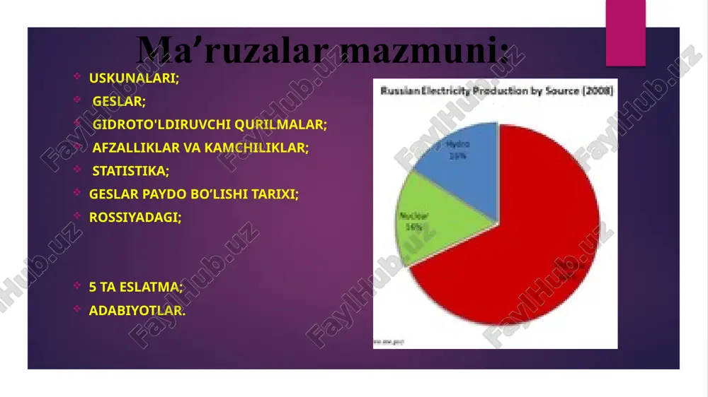 gidroenergetika quvvati 1170 gvt ga etadi.[6] aholi jon boshiga gidroenergetika ishlab chiqarish bo'yicha mutlaq yetakchi islandiya hisoblanadi. bundan tashqari, bu ko'rsatkich norvegiyada eng yuqori (geslarning umumiy ishlab chiqarishdagi ulushi 98%), kanada va shvetsiyada. paragvayda ishlab chiqarilgan energiyaning 100% gidroelektrostansiyalardan olinadi. 2008 yilda texnik gidroenergetika salohiyati bo'yicha dunyodagi birinchi beshta davlat (kamayish tartibida): xitoy, rossiya, aqsh, braziliya va kanada edi. 2008 yilda gidroenergetikaning asosiy ishlab chiqaruvchilari, shu jumladan psp[7] mamlakatlarning gidroenergetika iste'moli tvt 2020 yil uchun asosiy gidravlik quvvatlar, shu jumladan nasosli elektr stansiyalari[8] 1 xitoy 585 2 kanada 369 3 braziliya 364 4 aqsh 251 5 rossiya 167 6 norvegiya 140 7 hindiston 116 8 venesuela 87 9 yaponiya 69 10 shvetsiya 66 11 fransiya 63 № hudud quvvat, gvt 1 xitoy 370 2 ei-27 152 3 braziliya 109 4 aqsh 103 5 rossiya 52 6 hindiston 51 7 yaponiya 50 8 norvegiya 33 9 turtsiya 31 10 vetnam 18 …