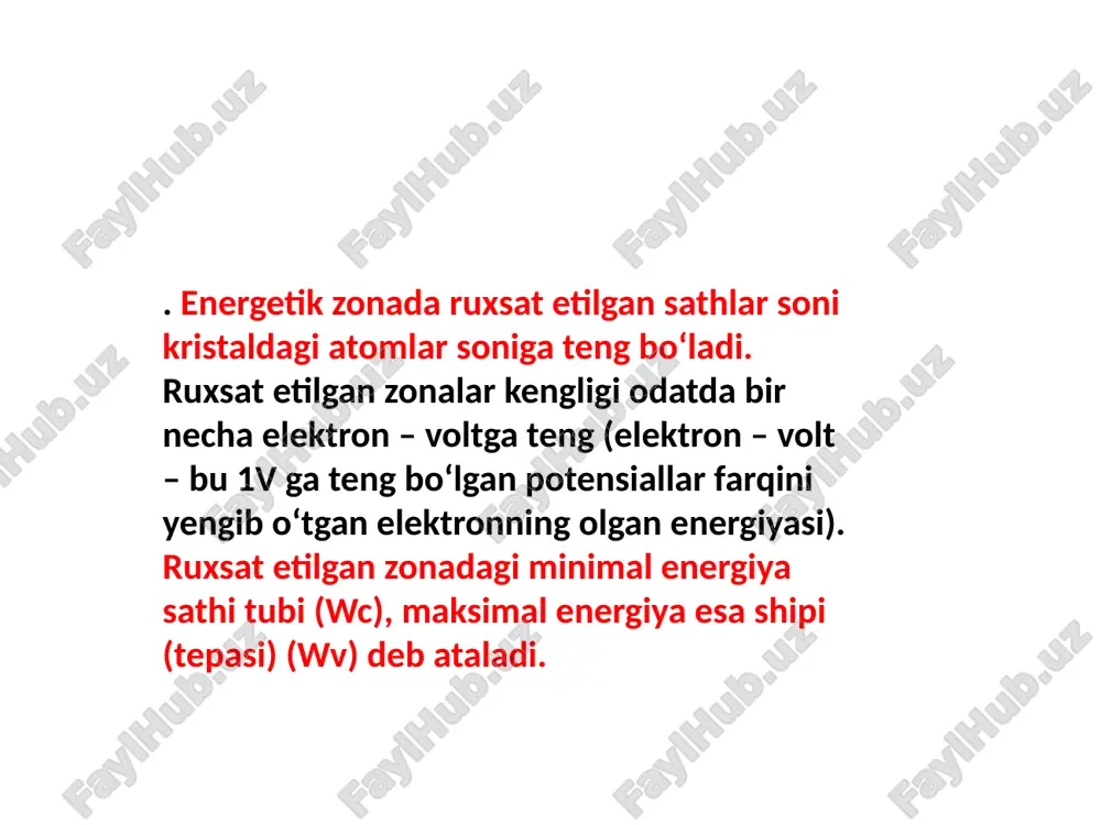 qarshi bo‘ladi. shunday qilib, atomlar orasidagi kovalent bog‘lanishning uzilishi bir vaqt ning o‘zida erkin elektron va elektron ajralib chiqqan atom yaqinida kovak hosil bo‘lishiga olib keladi . elektron – kovak juftligining hosil bo‘lish jarayoniga zaryad tashuvchilar generasiyasi deb ataladi. agar bu jarayon issiqlik ta’sirida amalga oshsa, u issiqlik generasiyasi deb ata ladi. o‘tkazuvchanlik zonasida elektronning hosil bo‘lishi va valent zona sida kovakning yuzaga kelishi 2,b-rasmda mos ishoralar yordamida ayla nalar ko‘rinishida tasvirlangan . strelka yordamida elektronning valent zonasidan o‘tkazuvchanlik zonasiga o‘tishi ko‘rsatilgan. generasiya natijasida yuzaga kelgan elektronlar va kovaklar yarim o‘tkazich kristalida yashash vaqti deb ataladigan biror vaqt mobaynida tartibsiz harakatlanadilar, so‘ngra erkin elektron to‘liq bo‘lmagan bog‘lanishni to‘ldiradi va bog‘lanish hosil bo‘ladi. bu jarayon rekombinasiya deb ataladi. o‘zgarmas temperaturada (boshqa tashqi ta’sirlar mavjud bo‘lmaganda) kristall muvozanat holatda bo‘ladi. ya’ni, generasiyalangan zaryad tashuvchilar juftligi soni rekombinasiyalangan juftliklar soniga teng bo‘ ladi. birlik hajmdagi zaryad tashuvchilar soni, ya’ni ularning konsentrasiyasi, solishtirma elektr …