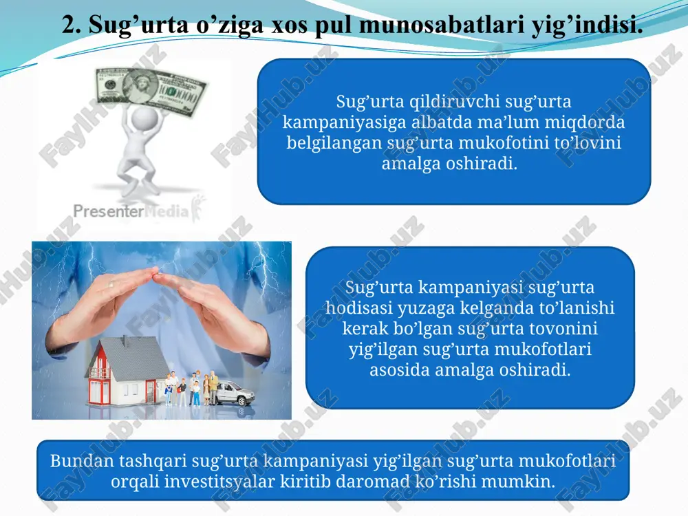 mpaniyasining mutaxassislari tomonidan ekspertiza qilinishi mumkin. sug‘urta shartnomasi - ikki yoki undan ortiq tomonlar o‘rtasida tuziladigan yozma ravishdagi bitim bo‘lib, bunda sug‘urta kompaniyasi sug‘urta hodisasi tufayli zarar ko‘rilganda sug‘urtalanuvchiga sug‘urta qoplamasi yoki sug‘urta summasini to‘lash majburiyatini, sug‘urtalanuvchi esa belgilangan muddatlarda sug‘urta mukofotini to‘lash majburiyatini oladi. sug‘urta shartnomasi tuzilganlik faktini tasdiqlash uchun sug‘urtalovchi sug‘urtalanuvchiga sug‘urta polisi beradi. sug‘urta shartnomasini tuzishdagi asosiy, oddiy va qo‘shimcha shartlar sug‘urta shartnomasining mazmunini tashkil etadi. 4. sug’urtaning funksiyalari. sug‘urtaning iqtisodiy tabiati uning funksiyalarida o‘z aksini topadi. moliya, kredit kabi iqtisodiy kategoriyalar bilan bir qatorda sug‘urta ham bir qator funksiyalarni bajaradi. sug‘urta beshta funksiyani bajarishi ko‘rsatib o‘tilgan. bu funksiyalar quyidagilardan iborat: - xavf-xatar; -ogohlantirish; -investitsiya; -omonat; -axborot sug‘urtaning 5 ta funksiyaga ega ekanligini qayd etadi. fikrimizcha, bu funksiyalarning ba’zilari tegishli bahs-munozarani talab etadi. xususan, sug‘urtaning investitsiya funksiyasi. investitsiya – sug‘urta tashkilotlari uchun funksiya emas, balki asosiy sug‘urta faoliyatiga qo‘shimcha ravishda amalga oshiriladigan faoliyatdir. investitsiyasiz ham sug‘urta tashkilotlari …