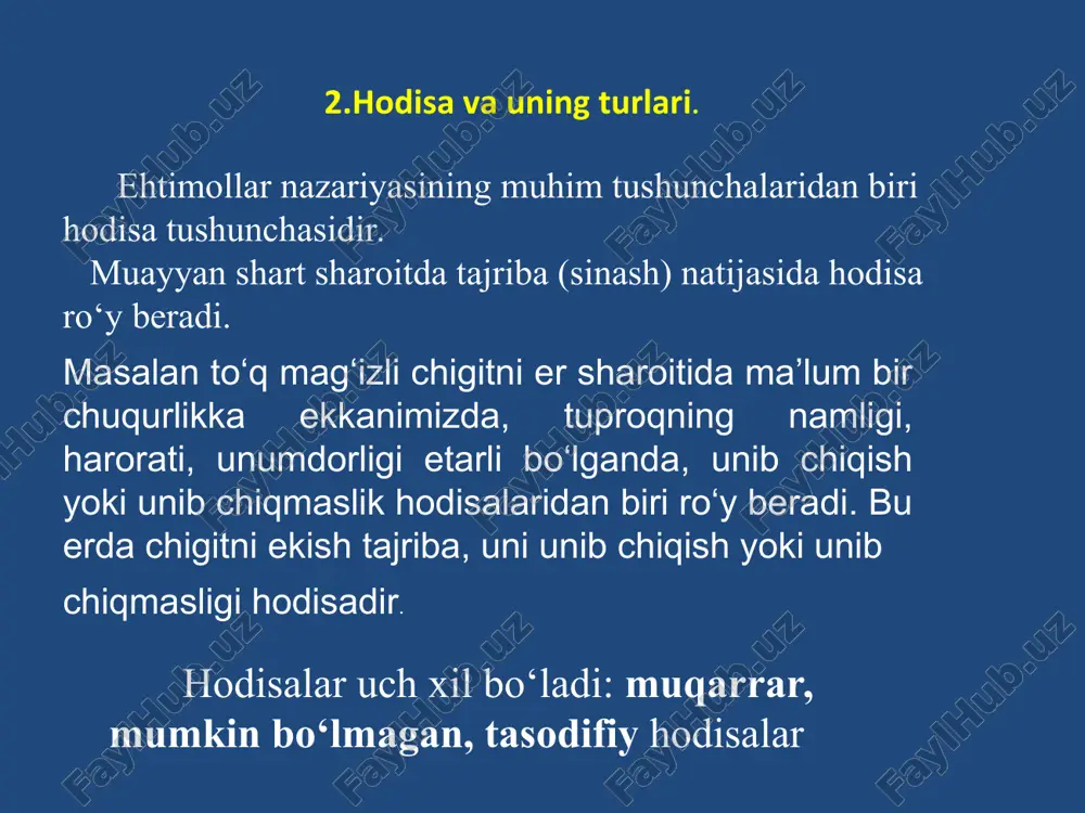 berishiga olib keladigan elementar natijalarni bu hodisaning ro’y berishiga qulaylik tug’diruvchi imkoniyatlar soni, yoki muvaffaqiyatlar soni deymiz. ta’rif: a hodisaning ehtimoli deb, muvaffaqiyatlar sonining barcha imkoniyatlar soniga nisbatiga aytiladi va quyidagicha belgilanadi: bu yerda m – muvaffaqiyatlar soni, yani qulaylik tug’diruvchi imkoniyatlar soni; n – sinashning mumkin bo’lgan barcha elementar natijalar soni; p – ehtimol belgisi xossalari: 1) muqarrar hodisaning ehtimoli 2) mumkin bo’lmagan (muqarrar bo’lmagan) hodisaning ehtimoli 3) tasodifiy hodisaning ehtimoli misol- 2. sportloto sl(36; 6) . misol-1: tekshirishda aniqlandiki, har 8ta qorako‘l terisidan 1 donasi nostandart(sifatsiz). tavakkaliga olingan 3 ta qorako‘l terini barchasini standart bo‘lish ehtimolini toping. yechish: ehtimolning klassik ta’rifidan foydalanamiz. bunda , m = . p(a) = . nisbiy chastota. chastota, nisbiy chastotalar tushunchasi. hodisaning nisbiy chastotasi deb, hodisa ro’y bergan sinashlar sonining aslida o’tkazilgan jami sinashlar soniga nisbatiga aytiladi va kabi belgilanadi. bu yerda - hodisaning ro’y berishlar soni n - sinashlar soni turli najribalarda …