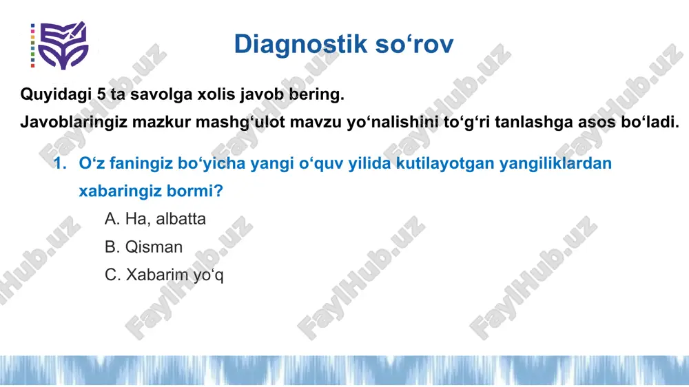 y fan fanini o‘qitish metodikasidagi yangiliklar kimyo darsini tashkil etish yuzasidan tavsiyalar 1. darslikdagi nazariyani real hayot bilan bog‘lang. har bir mavzuni o‘rganish jarayonida o‘quvchilarga: “bu bilim hayotda qayerda asqatadi?“ kabi savollar bering. – darslikdagi misollarga hayotiy misollar qo‘shing: – masalan: “yonish” mavzusi da avtomobil motori haqida suhbat oching. 2. ish varaqalari bilan boyitib, darslikdagi bo‘shliqlarni to‘ldiring. darslikdagi “faqat nazariy” mavzularga interaktiv topshiriqlar yarating: – grafik to‘ldirish; – “kuzating – tahlil qiling – xulosa chiqaring” kabi bosqichli topshiriqlar. 3. tajriba va amaliy mashg‘ulotlarni darslikdan mustaqil kengaytiring. darslikda qisqa berilgan tajribalarni: – batafsilroq ssenariy asosida; – xavfsizlik qoidalari bilan; – vizual ko‘rsatmalar orqali boyitib o‘tkazing. kimyo darsini tashkil etish yuzasidan tavsiyalar 4. darslikdagi savollardan foydalanib, real hayotiy vaziyatlarga asoslangan kompetensiyaviy topshiriqlar tuzing. “kimyo nima?” kabi oddiy savollarni “kimyo bilimlari hayotda qanday muammolarni hal etadi?” “qaysi kimyoviy o‘zgarishlar atrof-muhit uchun xavfli?” kabi savollarga aylantiring. 5. raqamli vositalar bilan darslikni jonlantiring. darslikdagi rasm …