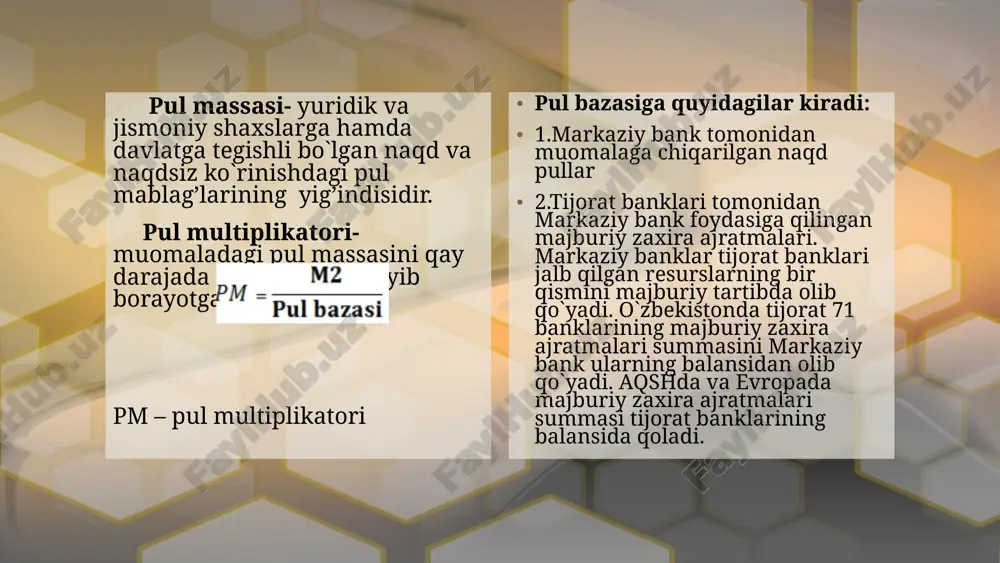 egat juda likvid bo'lmagan, lekin qisqa muddatda to'lov vositasi sifatida ishlatilishi mumkin bo'lgan aktivlarni o'z ichiga oladi. m3: m2 ga qo'shimcha ravishda, katta muddatli depozitlar va boshqa moliyaviy vositalar (masalan, katta miqdordagi muddatli obligatsiyalar) qo'shiladi. yevropada m3 asosiy tahliliy indikator sifatida ishlatiladi. 3. rossiya m0: muomaladagi naqd pul. m1: naqd pullar va talab depozitlari (talabga binoan yechib olinadigan hisoblar).m2: m1 ustiga muddatli depozitlar va jamg'arma hisoblari qo'shiladi. m3: m2 ga qo'shimcha ravishda, katta muddatli depozitlar, davlat va tijorat obligatsiyalari kabi boshqa likvid aktivlar kiradi. xorij mamlakatlarida pul agregatlari ham pul zaxiralarini o'lchash va iqtisodiyotni boshqarish uchun ishlatiladigan asosiy ko'rsatkichlardan biri bo'lib, turli davlatlarda ushbu agregatlar xalqaro amaliyotga o'xshash tarzda ta'riflanadi. ko'pchilik mamlakatlar aqsh, yevropa ittifoqi va boshqa rivojlangan iqtisodiyotlar singari, pul agregatlarini likvidlik darajasiga qarab toifalaydi. quyida bir nechta asosiy mamlakatlar misolida pul agregatlari haqida ma'lumot keltiriladi: har bir mamlakatning pul agregatlari ularning iqtisodiy siyosati va moliyaviy tizimiga bog'liq bo'lib, …