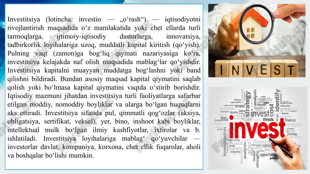 ini bajaradi. investitsiya faoliyati - investitsiya faoliyati sub'ektlarining investitsiyalarni amalga oshirish bilan bog'liq harakatlari majmuidir. investitsiya loyihasi - iqtisodiy, ijtimoiy va boshqa foyda olish uchun investitsiyalarni amalga oshirishga yoxud jalb etishga qaratilgan, o'zaro bog'liq bo'lgan tadbirlar majmui tushuniladi. o'zbekiston respublikasining “investitsiyalar va investitsiya faoliyati to'g'risida”gi o'rq-598-son 25.12.2019 qonuniga asosan: (12 ta bob, 69 ta modda) investitsiyalar — investor tomonidan foyda olish maqsadida ijtimoiy soha, tadbirkorlik, ilmiy va boshqa faoliyat turlari ob'ektlariga tavakkalchiliklar asosida kiritiladigan moddiy va nomoddiy boyliklar hamda ularga bo'lgan huquqlar, shu jumladan intellektual mulk ob'ektlariga bo'lgan huquqlar, shuningdek reinvestitsiyalar investitsiya faoliyatining ishtirokchisi — investitsiyalarning amalga oshirilishini buyurtmalarni bajaruvchi sifatida yoki investorning topshirig'i asosida ta'minlaydigan investitsiya faoliyati sub'ekti investitsiyalarning mamlakat taqdiridagi o'rni haqida gap borar ekan, prezidentimiz sh.mirziyoevning “jahon tajribasi shuni ko'rsatadiki, qaysi davlat faol investitsiya siyosatini yuritgan bo'lsa, o'z iqtisodiyotining barqaror o'sishiga erishgan. shu sababli ham investitsiya - bu iqtisodiyot drayveri, o'zbekcha aytganda, iqtisodiyotning yuragi, desak, mubolag'a bo'lmaydi. …