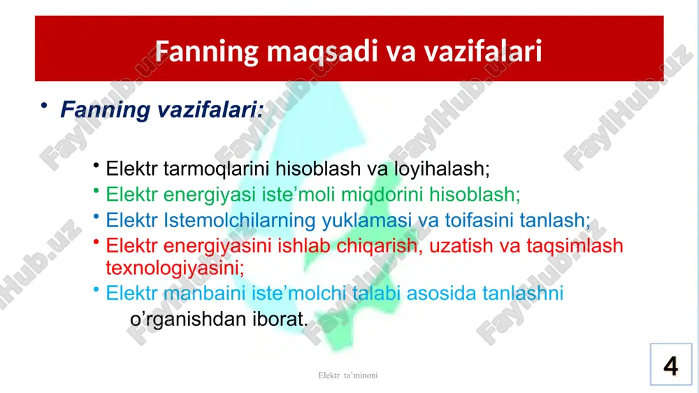 nlari metall, temir-beton, yog‘och, yog‘och-beton 4. izolyatorlari: farfor, shisha, dielektrikli 2.1-jadval 26 elektr ta’minoni 2. kabel elektr uzatish tarmoqlari t.r ko‘rsatkichlari qiymatlari 1. kuchlanishi: past - 220 va 380 v; yuqori - 6, 10, 35 kv. 2. izolyatsiyasi: qog‘oz, moy shimdirilgan qog‘oz, dielektrikli 3. yotkizish turi: ochiq, yopiq, yerga ko‘miladigan 3. shina o‘tkazgichli elektr tarmoqlar t.r ko‘rsatkichlari qiymatlari 1. kuchlanishi: 220; 380 v va 6; 10; 35, 110, 220 va 500 kv. 2. o‘tkazgich materiali: alyuminiy, mis va po‘lat 3. shakli yassi yuzali, to‘g‘ri to‘rtburchak, quvursimon 27 havo elektr uzatish liniyalari elektr ta’minoni 35 (110, 220, 500) kv li metal sim ustunli 35, (110) kv li temir-beton sim ustunli 35 kv li yog‘och-beton sim ustunli 28 havo elektr uzatish liniyalari elektr ta’minoni 10 (6) kv li temir-beton sim ustunli 380 v li temir-beton sim ustunli 29 elektr ta’minoni 3. elektr energiyasini yigish va uzatish elektr energiyasini yig‘ish va uzatish uchun …
