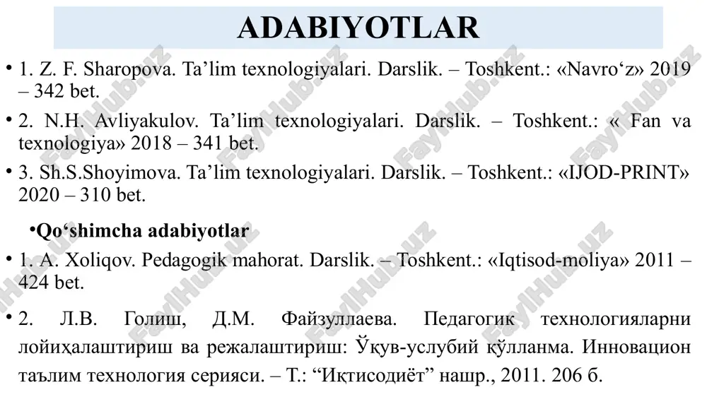 texnologiyasi. 18. ta’lim sifati - ta’lim jarayonining turli qatnashchilarini o‘quv massasasi tomonidan ko‘rsatilgan ta’lim xizmatlaridan qoniqish darajasi yoki ta’limda qo‘yilgan maqsad va vazifalarga erishganlik darajasi. 19. ta’lim standarti - ta’lim oluvchilarni o‘qitish va tarbiyalashga qo‘yiladigan talablar ko‘rsatkichlarining mazmuni. 20. ta’lim tamoyili - o‘qituvchi faoliyati va ta’lim oluvchining bilish faoliyati xususiyatini belgilovchi asosdir. 21. didaktik tamoyillar - ta’lim jarayoni qonuniyatlari, mazmuni va metodlarini belgilab beruvchi o‘qitish tamoyillaridir. 22. ta’lim vositalari - o‘quv jarayonining tashkil etilishi va o‘tib borishini ta’minlaydigan xilma-xil o‘quv jixozlari. 23. bilim - o‘quvchilar ongida muayyan tartibda mustahkamlangan ma’lumotlar, ilmiy nazariyalar, qonunlar, tushunchalardir. 24. nazariy bilim - narsa va hodisalar mohiyatini bilish, qonuniyatlarni ochishni nazarda tutadi. 25. ilmiy bilim - o‘bektiv olamni ancha to‘g‘ri (batafsil) ifodalaydi. 26. ko‘nikma - insonning ilgarigi tajribalari asosida muayyan faoliyat yoki harakatni amalga oshirish qobiliyati. 27. pedagogik texnika - o‘qituvchining o‘z xatti-harakatlarini boshqarishga aytiladi. 28. tizim - yaxlitlik, bir butunlik. 29. tahlil qilish - …