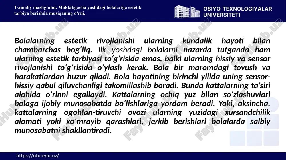 -turt yoshdagi bolalar uchun. o‘yin. mazmunli o‘yinlar o‘ynash vaqtida ertak va she’rlardagi tanish iboralardan foydalanish, qo‘shiq aytish, raqsga tushish; tovushlar, ya’ni ularning balandligi, kuchi, tembrini farqlash; hayvonlarning tovushlariga tahlid kilib ovoz chiqarish, ularni og‘zaki didaktik va mazmunli o‘yinlarda qo‘llash; harakatli o‘yinlar, xoro-vodlarda harakatlar izchilligi va shakli, ya’ni doyra qatorga rioya kilib ishtirok etish, tarbiyachi yordamida saflanishning to‘g‘riligini aniqlash, tanish o‘yinlarni o‘ynash, xorovodlarni boshqarish; mustaqil va jamoa orasida qo‘shiq aytish, raqsga tushish, she’r o‘qishga odatlanish va mashg‘ulot-lardan zavqlanish; o‘z tengdoshlarining qo‘shiq aytishlariga e’tiborli bo‘lish; tarbiyachining ashula, she’r, o‘yinlar, tinglash, uning savollariga javob berish. 1-amaliy mashg‘ulot. maktabgacha yoshdagi bolalariga estetik tarbiya berishda musiqaning o‘rni. mustaqil badiiy faoliyat va ko‘ngil ochishlar. tarbiyachining tavsiyasi bilan musiqa tinglash, raqsga tushish, musiqali o‘yinchoqlarni o‘ynash; katta guruh bolalarining chiqishlarini, stol va qo‘g‘irchoq teatri spektakllaridan sahnalarni faol idrok etish; bayram ertaliklari va ko‘ngil ochishlarda qatnashish. to‘rt-besh yoshdagi bolalar uchun. o‘yin. o‘yinlarda qatnasha turib, mazmunini o‘ylab topish, turli o‘yiichoqlar …