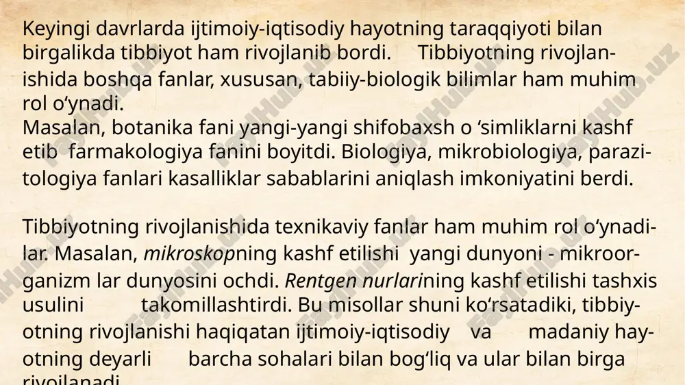 rdagi yorliqlardan iborat birinchi ponasimon loyli laxtachalardir. etnografik manbalar - bu o'tgan zamonlardan boshlab aniqlangan, xotirada saqlangan va hozirgi davrda yangi shaklda davom etayotgan madaniy va ommaviy hayot manbaidir. bu ma'lum bir darajada xalqning kasallik to'g'risida gi dunyoqarashini ifodalovchi, ularning odatiy bo'lmagan davolash usullari, tozalash yo'llarini ifodalovchi ishonch, odatlar va udumlaridir og'zaki (fol'klor) manbalar - bu xalq tomonidan yaratilgan va og'zaki yo'l bilan yetib kelgan real yashash tartiblari (ertaklar va afsonalar). mazkur manbalar shaxslar, faktlar, sarguzashtlar vaqti haqida aniq ma'lumotlarni saqlamaydi, ammo qadimgi odatlar, udumlar, birinchi shifokorlar va davolash usullari haqida ma'lumotlar beradi. lingvistik manbalar - bu aniq tarixiy faoliyat haqida og'zaki shakldagi tasvirlar. misol sifatida kasalliklar, operasiya yoki dorilari nomlanishida grek va lotin tillarining ishlatilishi. kino va fotohujjatlar - bularning paydo bo’lishi rasm va kinematografiyani, keyinchalik komp'yuter texnologiyaning rivojlanishi bilan bog'liq bolgan manbalar. bu buyuk olimlar portretlari, o'tkazilgan operasiyalar bilan bog'liq bo'lgan voqealar, jarohatlanganlarni saqlab qolish, ularga yordam ko'rsatishdagi …