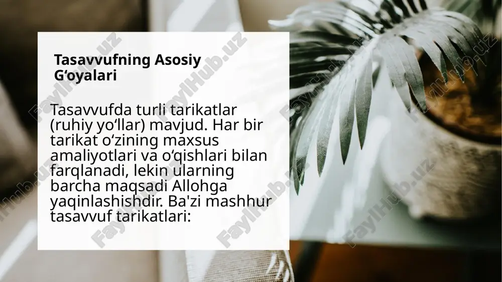 g asosiy g‘oyasi: allohga bo‘lgan muhabbat, sabr, va qalbni poklash orqali, inson nafaqat dunyoda, balki oxiratda ham mukammallikka erishadi. tasavvuf ta'limoti har bir insonni o‘z ichki olamiga sayohat qilishga, ruhiy yuksalishga va alloh bilan bevosita aloqaga chaqiradi. 9 e’tiboringiz uchun rahmat. 1-guruh 10 image1.jpeg image2.png image6.jpeg image5.png image7.jpeg image4.png /docprops/thumbnail.jpeg