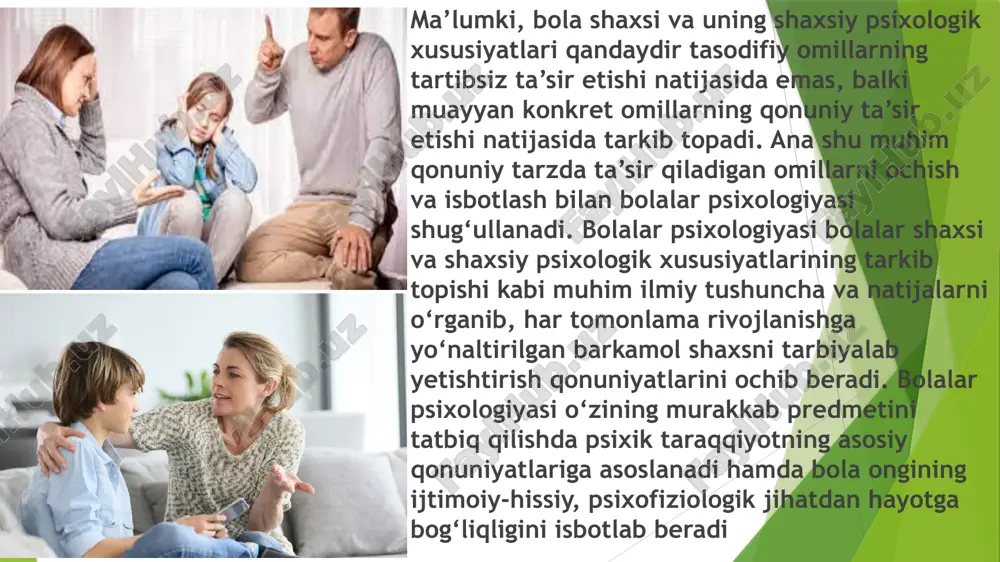 tashqil qilish. davlat talablari quyidagi sohalar bo‘yicha belgilanadi: jismoniy rivojlantirish va madaniy-gigiyenik ko‘nikmalarni shakllantirish; ijtimoiy-kommunikativ rivojlantirish; nutq, savod, o‘qish va chet tillarini o‘rgatilishiga tayyorlash; bilish jarayonini rivojlantirish; badiiy adabiyotlar bilan tanishtirish va badiiy estetik ri­vojlantirish. ijtimoiy-kommunikativ rivojlantirish sohasi quyidagi yo‘nalishlarga bo‘linadi: ijtimoiylashuv, muloqot va odob-axloq qoidalarini shakllantirish; bolaning oila va jamiyatda o‘zini tutishi; bolada mehnat tarbiyasini shakllantirish; xavfsizlik asoslarini shakllantirish. maktabgacha ta’lim tizimining mohiyatini belgilaydi va maktabgacha ta’lim muassasalarini mulkchilik shaklidan qat’iy nazar, barcha bolalarning tengligi va bolalik qadriyatini saqlagan holda har bir bolaning individual rivojlanishini ta’minlashga yonaltiradi. bolalar psixologiyasi fanining asosiy e’tibori tug‘ilganidan etuklik davrigacha inson psixikasi va ongining qanday rivojlanishiga qaratilgan, ya’ni har bir shaxs uzoq bolalik davrini boshdan kechiradiki, bu davrda unda alohida psixik jarayon va xususiyatlar yuz beradi. shuning uchun ham bu davrni fanda alohida ajratib o‘rganiladi va uni ontogenetik (tug‘ilgandan ulg‘aygungacha o‘sib etilish davri) taraqqiyot yo‘li deyiladi. bolalar psixologiyasi bola psixikasining taraqqiyoti hamda shaxsiy xususiyatlarining …