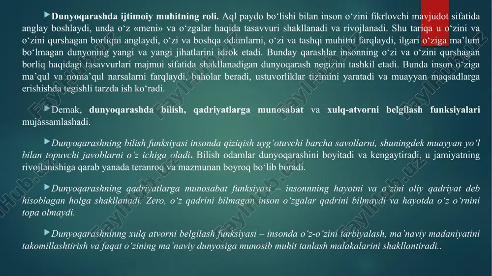 da bo‘lganidek, dunyoqarashda ham o‘zini o‘zi tashkil etish qonunlari amal qila boshlagan. masalan, bu hodisaning mohiyatini yaxshiroq tushunish uchun shaxsiy kutubxonada kitoblar yig‘ilishi bilan bog‘liq misolga murojaat etish o‘rinli bo‘ladi. mazkur kutubxonada kitoblar bir nechta bo‘lsa, ularni tizimga solish talab etilmaydi, ular qayerda yotgani va ularning o‘zaro munosabati qandayligi ham ahamiyat kasb etmaydi. kutubxona hajmi o‘nlab kitoblar bilan o‘lchangan taqdirda esa, ulardan foydalanishga qulaylik yaratish uchun kitoblarni muayyan tarzda joylashtirish, tizimga solish talab etiladi. kitoblar soni qancha ko‘p bo‘lsa, ular bilan ishlash shuncha oson va qulay bo‘lishi uchun ularni tasniflash, tartibga solish, ruknlarga ajratish tizimi shuncha murakkab bo‘ladi. ibtidoiy odamlarning ancha rivojlangan dunyoqarashida o‘zini o‘zi tashkil etish qonunlariga muvofiq ayni shunday tartiblilik dastavval mif hamda dinning ilk shakllari ko‘rinishida vujudga keldi. mifologik dunyoqarash. «mif» tushunchasi yunoncha mythos so‘zidan kelib chiqqan bo‘lib, afsona, rivoyat degan ma’noni anglatadi. mif –turli xalqlarning dunyoning kelib chiqishi, tabiat hodisalari, fantastik mavjudotlar, xudolar va qahramonlarning ishlari …