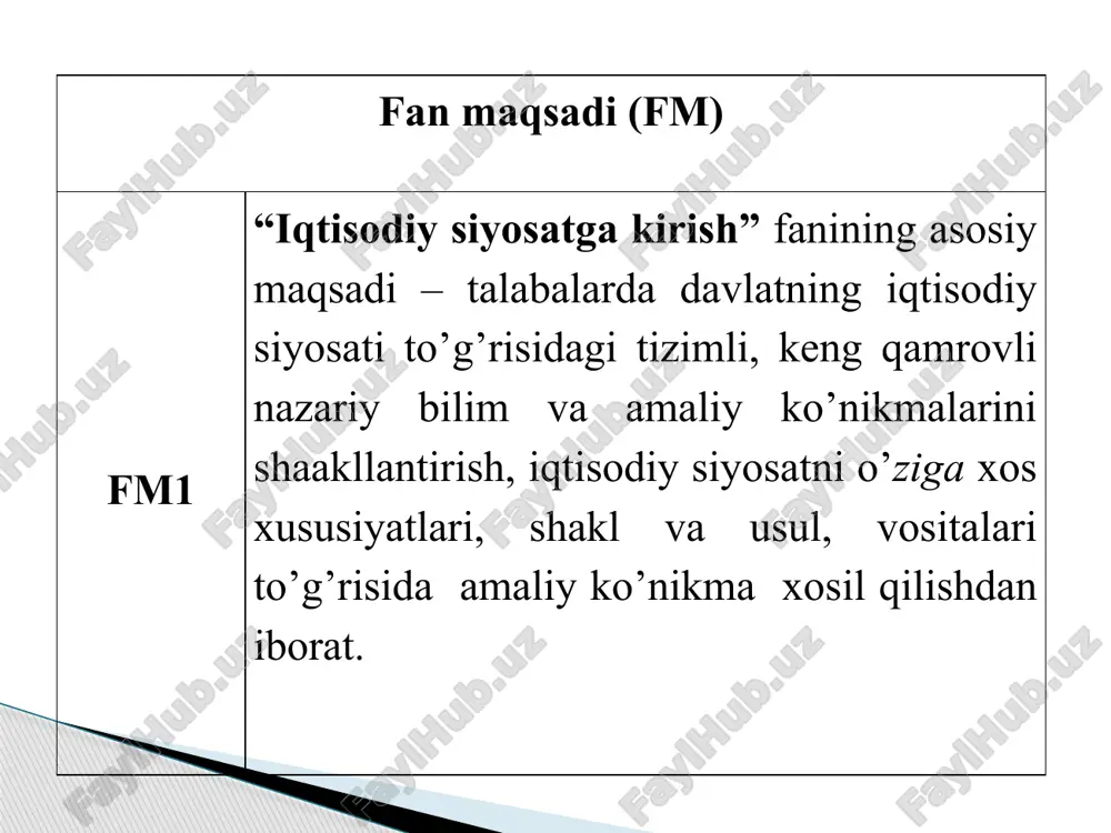 ikroiqtisodiyot jahon iqtisodiyoti oila iqtisodiyoti korxona yoki firma iqtisodiyoti mintaqa iqtisodiyoti milliy iqtisodiyot tarmoq iqtisodiyoti iqtisodiyot qamrov darajasiga qarabquyidagi turlarga bo’linadi 09.09.2024 17 ishsizlik ehtiyoj moliyaviy barqarorlik raqobatbardoshlik ekologik barqarorlik narx barqarorligi siyosat iqtisodiyot tayanch so‘z va iboralar iqtisodiy siyosatga kirish iqtisodiy siyosat - bu hukumatning iqtisodiyotga ta'sir qilish usullarini o'rganadigan soha. u tartibga solish, fiskal va pul-kredit siyosati, o‘sish va bandlikni rag‘batlantirish strategiyalari kabi keng ko‘lamli masalalarni qamrab oladi. muallif: sh. abduvaliyev 18 mavzu ta'rifi 1 iqtisodiy o'sishni rag'batlantirish iqtisodiy siyosat barqaror va samarali iqtisodiy rivojlanish uchun sharoit yaratishga qaratilgan. 2 ishsizlikning kamayishi iqtisodiy siyosatning maqsadi ish o‘rinlari yaratish va tadbirkorlik faoliyati uchun tegishli sharoitlarni ta’minlash orqali to‘liq bandlikka erishishdan iborat. 3 barqaror moliyaviylikni tartibga solish iqtisodiy siyosat moliyaviy barqarorlikni ta'minlashga, investorlar va iste'molchilar manfaatlarini himoya qilishga qaratilgan. 19 mavzuning maqsad va vazifalari narx barqarorligi iqtisodiy siyosatning eng muhim maqsadlaridan biri inflyatsiyaga qarshi kurashish, tovarlar va xizmatlar narxlarining barqarorligini …