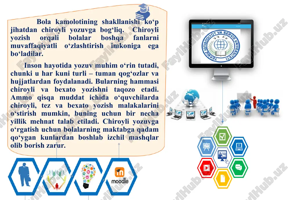 m “kitob fi sanoat al-kitoba” (yozuv san’ati haqida kitob), nomli asar yozgan. abu rayhon beruniy tilshunoslikning ko‘p masalalari qatorida yozuvning ahamiyati haqida ham atroflicha fikr yuritadi. u til va yozuvning munosabati haqida shunday yozadi: “agar insondagi so‘zlash quvvati hamma joyga shamol kabi yoyiluvchi bo‘lmaganda edi va zamonlardan zamonlarga nafaslar singari o‘tuvchi xat yozish san’atini keltirib chiqarmaganda edi, o‘tmish zamonning xabarini, ayniqsa, uzoq zamonlar o‘tganda hozirgi zamon tillariga qanday ko‘chirib bo‘lar edi?” yozuv taraqqiyotining bosqichlari. yozuv o‘zining taraqqiyotida turli bosqichlarni bosib o‘tgan. arxeologik tekshirishlardan, etnografik va lingvistik materiallardan ma’lum bo‘lishicha, qadimgi odamlar g‘or devorlariga, tog‘ qoyalariga va boshqa narsalarga turli voqealarning rasmlarini chizib, o‘zlarining fikr va istaklarini bildirishgan. ana shunday turli voqealarni bildiradigan rasmlar piktografik yozuv deb ataladi. piktografiya lotincha pikto (rasmli, rasm bilan) va grekcha grafo (yozaman) so‘zlaridan tarkib topib, rasmli yozuv degan ma’noni bildiradi. piktografiya yozuvning eng qadimgi turi bo‘lib, bu yozuvda har bir rasm bir tushunchani ifodalagan. piktografiya …