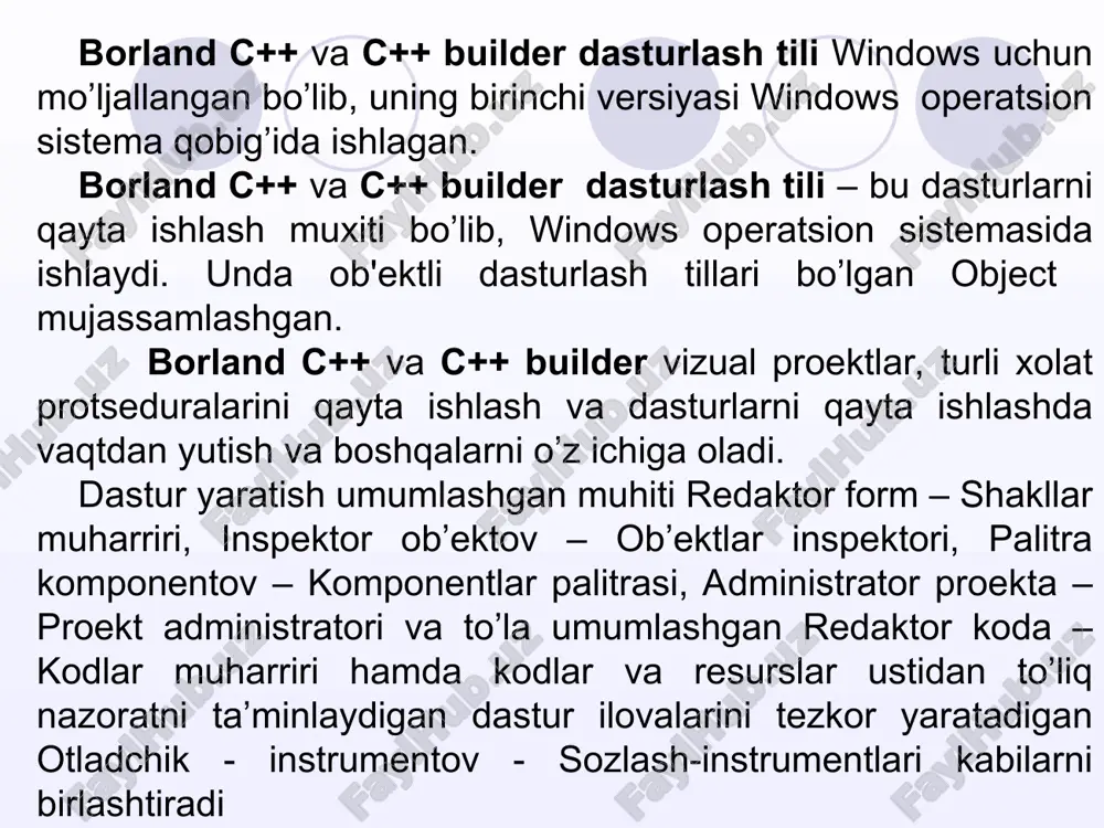 lar ro’yxati (window list). project buyruqlari guruhi menyuning bu buyruqlari guruhida ilovani boshqarish buyruqlari yig’ilgan. bu buyruqlar yordamida fayllarni qo’shish, o’chirish, vcl komponentalar kutubxonasiga komponenta qo’shish, kompilyatsiya qilish va shunga o’xshash amallarni bajarish mumkin. run buyruqlari guruhi menyuning bu buyruqlari guruhi yordamida ilovani ishga tushirish va bekorqilish, ilovani butunlay va qadamba-qadam rejimda ishga tushirish, ko’rish uchun qo’shimcha o’zgaruvchilar kiritish, ilova bajarilishini to’xtatuvchi belgilar kiritish mumkin. component buyruqlari guruhi menyuning bu buyruqlari guruhi yordamida yangi komponentalarni qo’shish va konfiguratsiyalarini aniqlash ishlari bajariladi. database buyruqlari guruhi database (ma’lumotlar bazasi) buyruqlar guruhi (20.14-rasm) ma’lumotlar bazasi bilan ishlaydigan buyruqlarni o’z ichiga olgan. tools buyruqlari guruhi menyuning bu buyruqlari guruhi yordamida ilova parametrlarini o’rnatish va yordamchi dasturlar buyruqlarini chaqirish mumkin. windows buyruqlari guruhi menyuning bu buyruqlari guruhi yordamida interfeysning oynalarini boshqarish mumkin. help buyruqlari guruhi menyuning bu buyruqlari guruhi yordamida muhit, til, komponentalar va kompyuter haqidagi ma’lumotlarni olishimiz mumkin. nazorat savollari 1.borland c++ builder dasturlash …