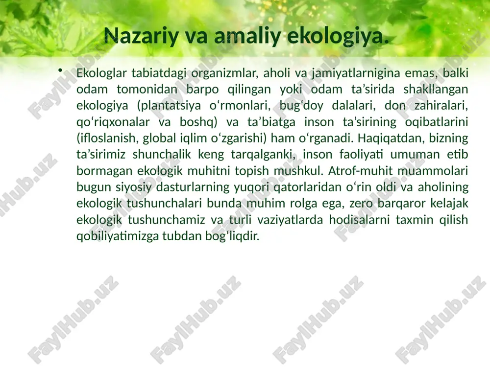 logik omillarga moslashgan, kuchli yorug’lik va past haroratga o’rgangan. shuning uchun ham organizmlar, turli muhitda uchraydi va ekologik omillarni turli miqdorda qabul qiladi. undan ortiq yoki kam miqdordagi omillarning ta’siri organizmlarning hayot-faoliyatining pasayishiga olib keladi. 9 ekologik omillarning ta’sir qilishish qonuniyatlari ekologik omillarning turli xilligiga qaramasdan organizmga ularning ta’siri va organizmlarning ekologik omillarga javob reaksiyalari qator ekologik qonunyatlarni keltirib chiqaradi. 11 ekologik omillarning jadalligi organizmlarning hayot faoliyatiga qulay ta’sir qilaganda ekologik omillarning optimum ta’siri deyiladi. optimum qonuni 15 minimum qonuni yustus libix (1803-1873) ekologik omillarni o’rganish sohasida yu. libix ko’p tajribalar o’tkazadi va 1840 yilda omillarning minimum qonunini taklif etgan. uning yozishicha -organizmning chidamliligi uning oziq zanjiridagi eng kam miqdorga bog’liq. 16 minimum qonuni minimum qonunining tasvirlangan modeli o’simliklarning o’sishi tuproq tarkibida minimum miqdorda uchraydigan(minimum kerak boladigan) elementga bog’liq degan hulosa yu.libixning “minimum qonuni” deb yuritiladi. 18 tolerantlik qonuni tolerantlik qonunini 1913 yilda v.shelford asoslab bergan va omillarning maximum va …