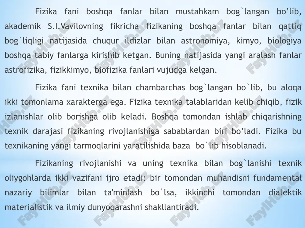 jism – qaralayotgan vaziyatda qattiq jismning deformatsiyalanishini hisobga olish shart emas bo’lgan jism. yaxlit muhit – qaralayotgan muhitning hamma qismlari deyarli bir jinsli bo’lgan muhit. ideal gaz – ma’lum parametrlarini hisobga olinmagan gaz. chunki qaralayotgan vaziyatda bu parametrlar gaz hossalarini deyarli o’zgartirmaydi. materiya – sezgi organlarimizga ta’sir etib, sezgi uyg’otuvchi, bizning ongimizga bog’liq bo’lmagan obyektiv reallikdir. maydon – fizik hodisalar ro’y berishi uchun hosil qilingan muhit. fizik vakuum – har qanday gazlardan va elementar zarralardan to’liq tozalangan muhit. mexanik harakat – jismlarning vaziyatini vaqt o’tishi bilan boshqa jismlarga nisbatan o’zgartirishiga aytiladi. mexanik harakat 3 ta asosiy turi mavjud. 1. ilgarilanma harakat – jismning ixtiyoriy ikki nuqtasidan o’tkazilgan to’g’ri chiziq harakat davomida bir-biriga parallelligicha qoladigan yoki ustma-ust tushadigan harakat. 2. aylanma harakat – jismning biror nuqtadan bir xil masofada hosil bo’ladigan harakati. 3. tebranma harakat – biror muvozanat atrofida harakatning takrorlanishi. mexanik harakat turlari ichida eng soddasi bu to’g’ri chiziqli harakat …