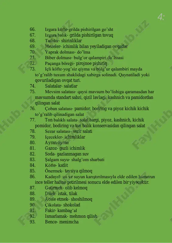 6. düşes-gersoginya 27. ekonomi- iqtisodiyot 28. egzersiz- mashq 29. engel olmak- to’siq bo’lmoq 30. erişkin- balog’atga yetganlar 31. esnek- moslashuvchan 32. ev sahibliği yapmak- mezbonlik qilmoq 33. fare- sichqon 34. fırsatçı-fursatdan foydalanadigan 35. gazetecilik- jurnalistika 36. gece- kecha 37. gerilim-stres, asabiylashish 38. gündüz- kunduz 39. haberiniz olsun- bilib qo’ying, xabaringiz bo’lsin 40. havacılık- aviatsiya bilan shug’ilanadigan soha 41. hayalci- hayolparast 42. hırsız- o’g’ri 43. hizmetçi- xizmatchi 44. hipertansiyon- gipertoniya 45. işın- nur 46. i̇dareci- boshqaruvchi 47. i̇cat etmek- kashf qilmoq 48. i̇letişim- aloqa 9: 49. i̇lginç- qiziq 50. i̇zleyici- kuzatuvchi 51. kanser- saraton 52. kaplumbağa- toshbaqa 53. karbonhidret- uglevod 54. kahraman- qahramon 55. kalsiyum- kalsiy 56. kanpanya- harakat 57. kanat- qanot 58. kemik- suyak 59. kepek-kepak 60. kazanmak-ishlab topmoq, qo’lga kiritish 61. kereviz- seldr 62. kırmızı- qizil 63. kızmak-g’azablanmoq, qizishmoq, achchiqlanmoq 64. kolesterol- xolestrin 65. konforlu- shinam 66. kongres- kongress 67. konu-mavzu 68. koyun- qo’y 69. kopyalama koyun- klonlangan qo’y …