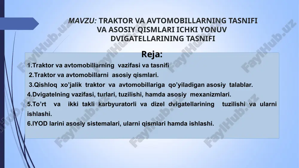 rish qismi. avtomobil-passajirlar, yuklar va maxsus asbob-uskunalarni tashish uchun mo’ljallangan, mustaqil dvigateliga ega bo’lgan o’ziyurar mashina. avtomobillar tasnifi engil bir necha passajirlar tashishga mo’ljallangan avtomobillar vazifasiga qarab: passajir avtomobillar yuk tashuvchi avtomobillar maxsus avtomobillar avtobuslar passajirlar gruppasini tashishga mo’ljallangan 0,75 tonnagacha kam yuk ko’tara oladigan avtomobillar 5,0-10 tonnagacha o’rtacha yuk ko’tara oladigan avtomobillar 10 tonnadan ziyod, o’ta og’ir ko’tara oladigan avtomobillar traktorlarni asosiy qismlari dvigatel avtomobillarni asosiy qismlari dvigatel shassi kuzov kuch uzuatmasi-transmissiya yurish qismi boshqarish mexanizmlari ishchi va yordamchi jihozlari avtotraktorlarga asosan porshenli ichki yonuv dvigatellari o’rnatiladi. yonuvchan aralashmani alangalanishiga qarab- ishchi aralashma elektir uchquni bilan yondiriladigan-karbyurotorli, havoni siqish va unga yoqilg’i purkash natijasida o’z-o’zidan alangalaniladigan-dizel dvigatellari ishlatiladigan yonilg’i turiga qarab- yengil, suyuq yoqilg’i (benzi-spirt) bilan ishlaydigan karbyurotorli, og’ir, suyuq yoqilg’i (dizel yonilg’isi) bilan ishlaydigan dizel, dvigatellari. slindrlar soniga qarab- 1,2,3,4,6,8,12 tslindrli dvigatellar. slindrlarning joylashishiga qarab- vertikal, gorizontal qatorli, v-simon dvigatellar. sovitish usuliga qarab- suyuqlik yoki havo bilan sovitiladigan …