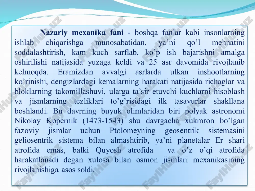 g'lanish reaktsiya kuchi deyiladi. ma'lumki, klassik mexanikaning barcha qonunlari erkin jismlar uchun yozilgan. shu sababli bu qonunlarni erkin bo'lmagan jismlarga qo'llash uchun avvalo bog'lanishdagi jismlarni erkin jismlar ko'rinishiga keltirish kerak. buning uchun quyidagi “bog'lanishdan ozod qilish” aksiomasidan foydalanamiz. aksioma. bog'lanishdagi jismni erkin jism holiga keltirish uchun unga qo'yilgan bog'lanishni bog'lanish reaksiya kuchi bilan almashtirish kifoya. bog'lanishlar jismlarning bir-biri bilan biror vosita orqali bog'lanib turishi natijasida yoki elektr maydoni, magnit maydoni, bosim ostida va turli signallar yordamida amalga oshirilishi mumkin. lekin statika bo'limida asosan kontakt vositasi yordamida hosil bo'ladigan bog'lanishlar ko'riladi. inshoot va mashinalarga qo`yiladigan kuchlarning turlari jismga ta'sir etuvchi kuchlarni quyidagi turlari uchraydi. 1. to`planma kuch. bir-biriga tegib turadigan ikki jismning o`zaro ta'siri ularning urinib turgan nuqtasiga qo`yilgan deb hisoblanadi. haqiqatdan esa jismlarning tegishib turgan joyida deformatsiya hosil bo`lib ularning o`zaro ta'siri urinib turgan nuqtaga qo`yilmay biror yuzachaga qo`yiladi. bu yuzachaning sathi juda kichik bo`lsada cheklidir. demak, ikkita jismning tegishib …