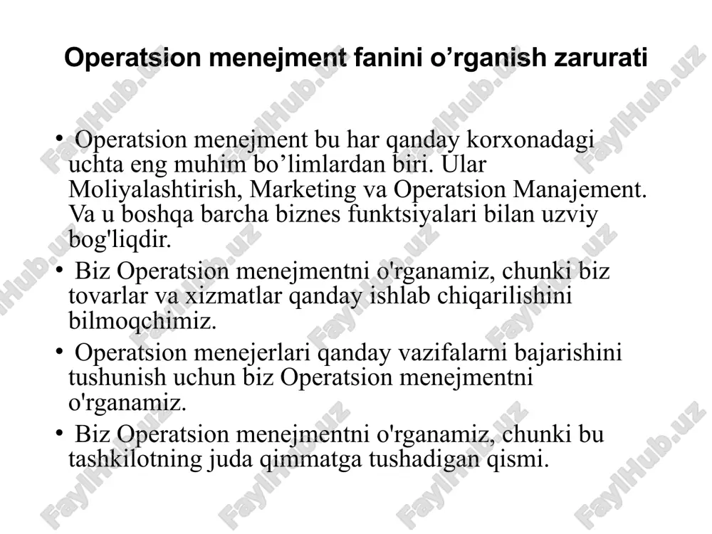 lanadi" qarorlar qabul qilish, us pizza misolida mcdonald do'konini boshqarganingizda, qanday narsalar haqida o'ylashingiz kerak? siz qanday qaror qabul qilishingiz kerak? qarorlar qabul qilish, us pizza misolida qarorlar qabul qilish, us pizza misolida motivatsiya misoli: mcdonald-dagi asosiy qarorlar process (jarayon) joylashuv. talab etarlicha kattami? qanday mashinadan foydalanish kerak? qanday qilib ishlab chiqarish va etkazib berish kerak? ishga qabul qilish, o'qitish, ishdan bo'shatish quality (sifat) mezon, o'lchov (non sifati, xushmuomalalik, tozalik, aniqlik) va erishish jarayoni capacity (sig’im) jismoniy imkoniyatlar va mehnat. qancha non tayyorlash kerak, nechta ishchi yollash kerak. inventory (ashyo va anjomlari majmuyi) nima, qachon va qancha? ta'minlovchilarni tanlang ko'p miqdorda zaxiralarni saqlash ham emas, kam zaxira qoldirish ham emas. qarorlar qabul qilish, us pizza misolida operatsiyalar bo'yicha qarorlar sxemasi operatsiyalar bo'yicha qarorlar sxemasi qarorlar: process (jarayon) qanaqa jarayon tanlanishi kerak? xizmat ko’esatish tizimi qanday dizayn qilinishi kerak? materiallar va mijozlar harakati qanday boshqarilishi kerak? quality (sifat) qanaqa sifat standartlari …