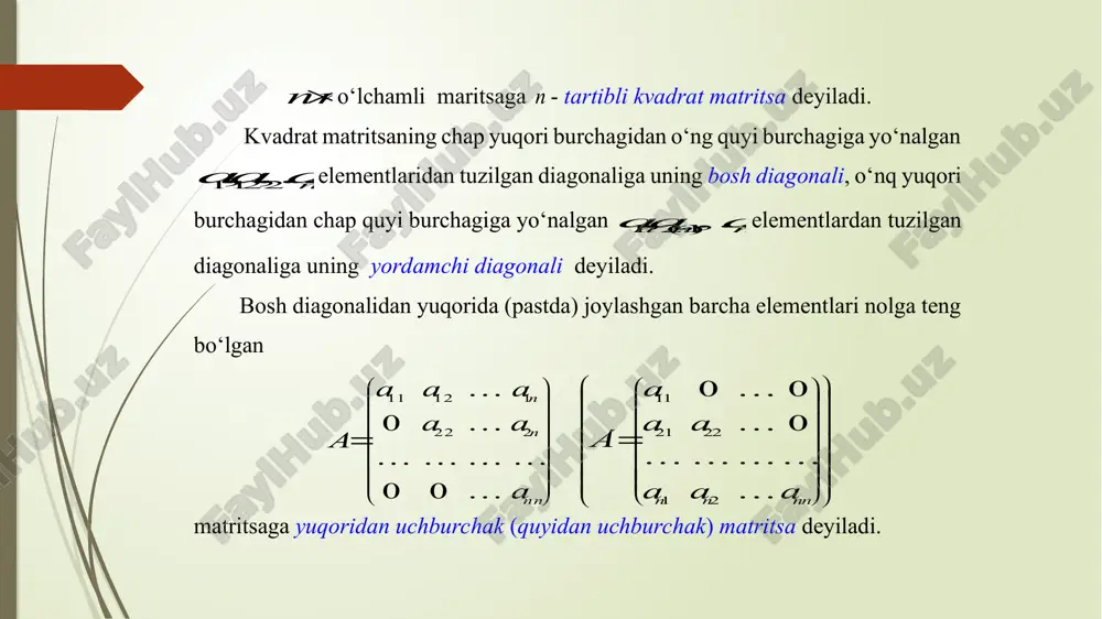 ing satrlari soniga teng bo‘lsa, a va b matritsalar moslashtirilgan deyiladi. 4-ta’rif. pm o‘lchamli )( ij aa matritsaning np o‘lchamli )( jk bb matritsaga ko‘paytmasi ab deb, ik c elementi a matritsaning i -satrini b matritsaning j -ustuniga satrni ustunga ko‘paytirish qoidasi bilan, ya’ni nkmibabababac p r rkirpkipkikiik ,...,1,,...,1, 1 2211     (qo‘shiluvchlari quyidag i sxemada keltirilgan) k abi aniqlanadigan nm o‘lchamli )( ik cc matritsaga aytiladi. i k                                         ...... ............... ...... ...... ...... ... ............... ... ............... ... ; 5043 2219 84637453 82617251 87 65 43 21                    …