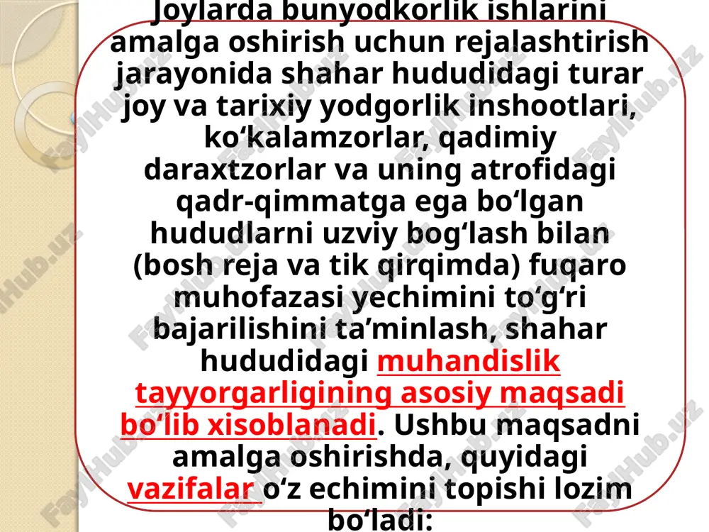 istikasini o‘rganish bo‘yicha tadqiqotlar topografo-geodezik ishlar topografo-geodezik ishlar joyni tasvirga olish, proekt-rejalash ishlarining asosi bo’lib xizmat qiladigan xarita va rejalarni tuzishdan iborat. shu rejalar asosida hududning muhandislik-shaharsozlik baholashi amalga oshiriladi. ip tadbirlarini tuzishda kerakli materiallar shaharning bosh rejasi, detalli reja va qurilish loyihasi hisoblanadi. muhandislik-geologik va gidrologik tadqiqotlar tadqiqotlar injenerno-geologik tasvirga olish, laboratoriya ishlari va amaliy mashg‘ulotlar yo‘li orqali olib boriladi. yerdagi tasvirlarga geologik maqsadda olingan va xarita tuzishda aniqlikni oshiradigan aerofototasvirlar qo‘shiladi. yerosti suvlarining rejimini o‘rganish, er ko‘chish jarayonlari, ayrim jinslarning xususiyatini belgilashda geofizik metodlardan foydalaniladi ushbu kompleks injenerno-geologik tadqiqotlar quyidagilarni o‘z ichiga olishi kerak: relef, gidrologiya, iqlim, er va o‘simliklar haqidagi ma’lumotlar; geologik qurilish tavsifi (stratigrafiya, litologiya, usloviya zaleganiya porod, tektonika va boshqalar); gidrogeologik sharoitlar xarakteristikasi (ugv, oqimning yo‘nalishi va rejimi); fiziko-geologik hodisalar va hududning umumiy barqarorligiga ta’ssir ko‘rsatuvchi alohida sharoitlar (er emirilishi, jarliklar va karstlar) adabiyotlar: ukaz prezidenta ruz «o merax po dalneyshemu sovershenstvovaniyu arxitektura gradostroitelstva v …