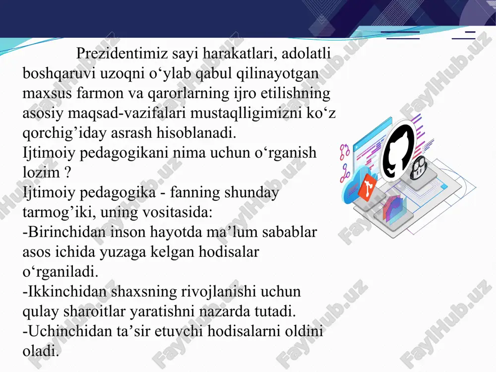 i munosabatlar ilm-fanning turli sohalari mavzu yuzasidan savollar 1. ijtimoiy pedagogika fan va amaliy faoliyat sohasi sifatida qanday faoliyat olib boradi? 2.ijtimoiy ish va ijtimoiy pedagogikaning farqi nimada? 3.ijtimoiy ish atamasini fanga kiritgan olim nomini ayting? 4.ijtimoiy pedagogik tadqiqot obe’kti? 5.ijtimoiylashuvga salbiy ta’sir etuvchi omillar? 6.tashqi va ichki omillarning ijobiy va salbiy ta’sirini bugungi kunda kanday ko‘rinishlari mavjud? 7.shaxs ijtimoiylashuvida ekologiyaning ta’siri mavjudmi? 8.iqtisodiy omillarning shaxs shakllanishidagi ta’siri? image2.png image3.png image3.svg image4.png image5.png image6.png image7.png image8.jpeg image9.png