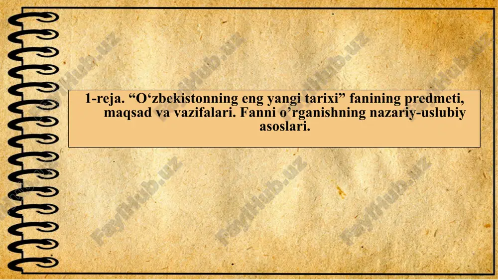 1 mln. – milodiy iv asr oxirigacha o‘rta asrlar davri: v – xix asr boshlari turkiston rossiya imperiyasi hukmronligi davrida: xix asr o’rtalari – xx asr boshlari o’zbekistonda sovetlar hukmronligi davri: 1917-1991 yillar mustaqillik davri: 1991-yildan boshlab o‘zbekiston tarixini davrlashtirish o’zbekiston tarixi 13 o‘zbekistonning eng yangi tarixi davrini bizningcha, o’zbekiston respublikasining mustaqillik yillarida bosib o’tgan yo’lining mazmun-mohiyati, o’rni va xususiyatlaridan kelib chiqib, quyidagi bosqichlarga bo’lib o’rganish mumkin: o’zbekistonning mustaqillikka erishish ostonasi davri – 1989-1991 yillar milliy davlatchilik asoslari va bozor iqtisodiyotining shakllanish davri – 1991-2000 yy. faol ijtimoiy-iqtisidiy yangilanishlar va modernizatsiyalar davri – 2000-2010 yillar ijtimoiy-iqtisodiy islohotlar va mamlakatni modernizatsiyalash jarayonini yanada chuqurlashtirish bosqichi – 2010-2016 yillar yangi o’zbekiston va uning strategik taraqqiyoti davri 2016 yildan hozirgi kungacha o’zbekistonning eng yangi tarixini darlashtirish o’zbekiston tarixi o‘zbekiston tarixiga oid asosiy yozma manbalar 14 avesto qadimgi eron va hind manbalari abulqosim firdavsiy «shohnoma» yunon va rim manbalari: xeradot «tarix» kvint kursiy ruf …