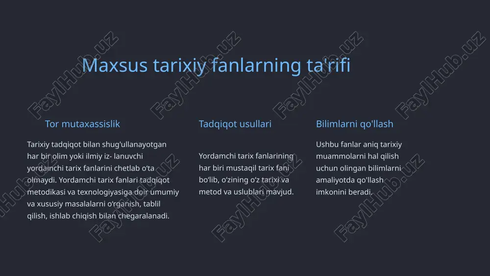 sabab-natija munosabatlarini tushunish uchun hodisalarning xronologik ketma-ketligining aniqligi zarur . xronologiya asosiy voqealar qachon sodir bo'lganini va ular bir-biriga qanday ta'sir qilganini aniqlashga yordam beradi . maxsus tarixiy fanlar metodologiyasining xususiyatlari noyob usullar tor mavzu sohalarini o'rganish uchun maxsus ishlab chiqilgan maxsus metodologiyalar optimal ma'lumotlarni olish imkonini beradi . texnikkaning moslashuvi fanlar umumiy tarixiy uslub va uslublarni o‘zlarining maxsus ta’lim sohalarining o‘ziga xos ehtiyojlariga moslashtiradi . innovatsion yondashuvlar innovatsion yondashuvlar fanlarning o'ziga xos xususiyatlarini hisobga olgan holda tarixiy ma'lumotlarni yanada aniqroq va batafsil tahlil qilish uchun qo'llaniladi . maxsus tarixiy fanlarning boshqa tarixiy fanlar bilan bog’liqligi maxsusi tarix fanlari tadqiqot doirasi va usuli qanday bo‘lishidan qat'iy nazar birinchi navbatda manbashunoslik fani bilan uzviy va cham- barchas bog'liqdir . chunki , yordamchi sohalarning hammasi manbadagi ma'1umot1ami har tomonlama o‘rganish va mazmunini ochib berish bi- lan shug'ullanadi manba qo‘lyozma , tanga, arxeologik topilma va boshqa ko‘rinishlarda bo‘lishi mumkin . bundan tashqari geografiya …