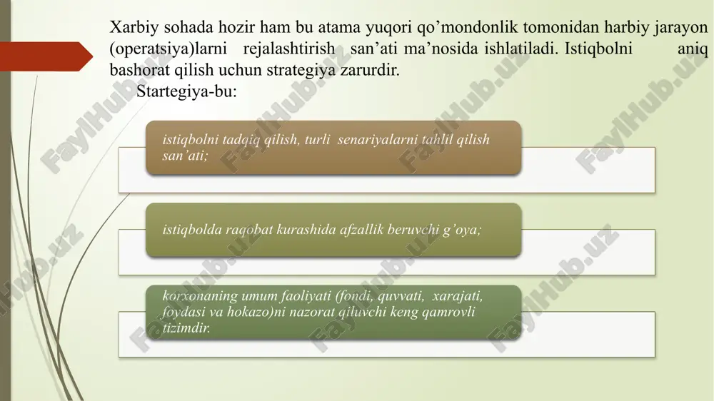 ni amalga oshiruvchi boshqaruvdir korxona darajasida quyidagi strategiyalar ishlab chiqiladi 1.maxsus strategiyalar 2.funksional strategiyalar 3.mujassamlashtirilgan strategiyalar 4.diversifikatsiyalashgan strategiyalar korxona yoki tashkilot vazifasining asosini tashkil etishi lozim bo’lgan asosiy unsurlarni ajratish mumkin. bular: nom va status; tovar yoki xizmat; strategik mo’ljal; manfaatdor guruhlar; raqobatbardoshlik asosi. firmani boshqarish rejasi o’z ichiga quyidagi asosiy funktsiya va bo’linmalarni oladi: ta’minot ishlab chiqarish moliya marketing xodimlar ilmiy tadqiqotlar ishlanmalar korporativ maqsadga yo’nalganlikning uch asosiy tarkibiy qismi quyidagilardan iborat: firmaning biznesini aniqlash uning asosiy maqsadlarini belgilash korporativ falsafani aniqlash maqsadni belgilash va firma strategiyasini shakllantirishda xarakatlanuvchi guruhlar ichki guruhlar: menejerlar. direktorlar kengashi. aksionerlar. yollanma ishchilar. maqsadni belgilash. biznesni aniqlash. bosh tizimlar. biznes falsafasi. tashqi guruhlar: iste’molchilar. yetkazuvchilar. hukumat. kasaba uyushmalari. raqobatchilar. jamiyat. vazifa va mavqeidan kelib chiqib strategiyani ifodalash kompaniya maqsadlarini o’rnatish federal express: dunyodagi eng katta va eng yaxshi transport kompaniyasi bo’lish alcan aluminum: eng arzon alyuminiy ishlab chiqaruvchi korxona bo’lish general electric: dunyodagi eng …
