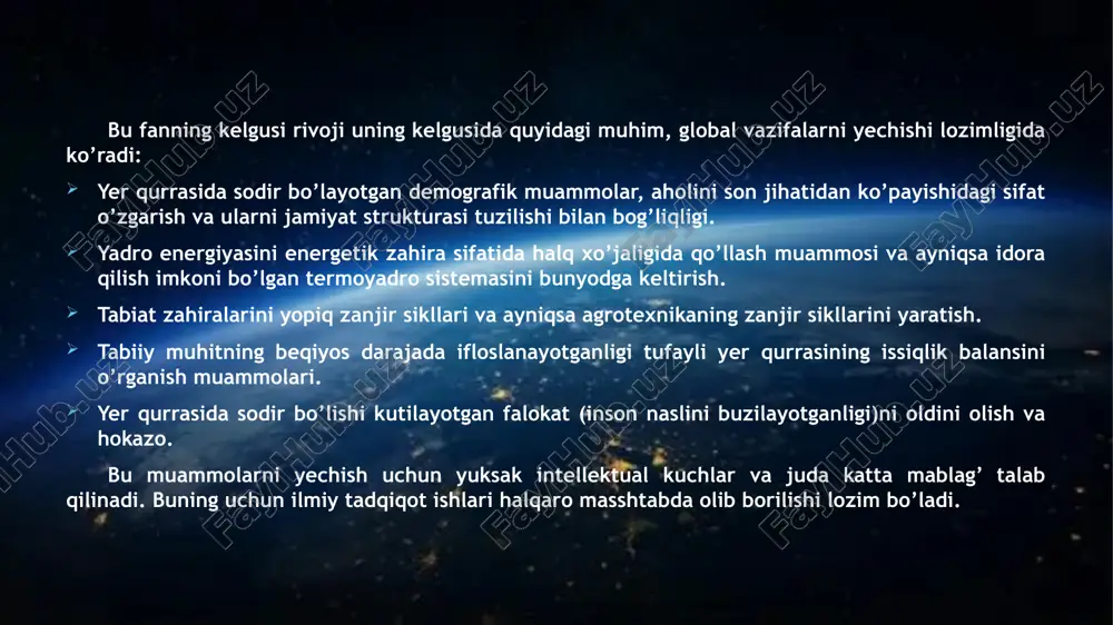a hokazolar ustida kuzatish ishlari olib boriladi va xulosa chiqariladi. kuzatish jarayonida tadqiqotchi o’rganilayotgan ob’yektga kuzatish jarayonida sodir bo’ladigan hodisa va voqealarning unga bog’liq bo’lmagan holda o’tishiga ko’nikkan holda ish ko’radi. kuzatuvchi tegishli ob’yektni kuzata turib, kuzatish ob’yektini idora qilish yoki sodir bo’layotgan jarayonni tezlatish yoki sekinlashtirish imkoniga ega emas. tadqiqotchi faqat passiv kuzatuvchi sifatida o’z ishini davom ettirishga majbur. eksperiment. ilmiy tadqiqot ishining tekshirish ob’yektiga faol ta’sir qilish yo’li bilan tadqiq qilish uslubi. bu usul ilmiy tadqiqot maqsadlariga muvofiq keladigan yangi shart-sharoit yaratish yoki sodir bo’lishi lozim bo’lgan jarayonni tezlatish yoki kerakli tomonga o’zgartirish orqali amalga oshiriladi. eksperiment insoniyatning tarixiy taraqqiyoti davomida tabiat va tabiiy muhitda sodir bo’ladigan voqeylikni o’rganish uchun, sodir bo’lgan va sodir bo’layotgan jarayonlarni ilmiy asosda o’rganish uchun tadbiq etiladigan tabiatshunoslik fanining ilmiy uslubi. shuning uchun ham bu uslub bilish manbai va farazlar hamda nazariyalarni haqiqat ekanligini aniqlash kriteriysi hisoblanadi. tadqiqotchi eksperiment tajriba jarayonida birinchidan ob’yektni …