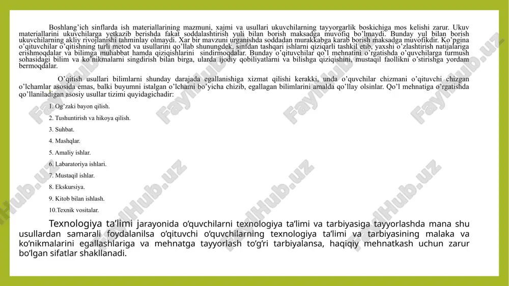 r bajarilgan ishlar, natural rasmlar, rasmlar, fotosuratlar va shu kabilarni ko’rsatib bajarilsa, anchagina tushunarliroq bo’ladi. bu o’rinda tushuntirayotganda – ko’rsat va tushuntir degan qoida bajariladi. yangi materialni bayon qilishda o’quvchilarning bir xil emasligini nazarda tutish lozim. tushuntirishda bu o’zlashtiruvchilarga alohida ehtibor berish lozim. hikoya qilish jarayonida ularning idroklarini faollashtirish maqsadida tushuntiralayotgan material yuzasidan ularga bir-ikkita savol berish mumkin. suhbat turli o’quv maqsadlarda, yahni yangi dastur materialini bayon qilish, bilimlarni rejalashtirish va chuqurlashtirish uchun takrorlash jarayonida, o’quvchilarning bilimini tekshirish uchun qo’llanishi mumkin. o’quvchilarni ulardagi qiziquvchanlikni qo’zg’ab, savollar berishga undash foydalidir. umumlashtiruvchi suhbat yaxshi samara beradi. suhbat xuddi hikoya singari mahlum talablarga javob berish kerak, ya’ni: - savollar shunday shakllantirishi lozimki, ular o’quvchilar tafakkurini faollashtirsin, ularni aniq va ishonarli javobni izlashga undasin; mavzuni ochib berishda izchillik bo’lishi uchun suhbatning rejasi oldindan tuzib qo’yilgan savollari albatta bo’lishi kerak; - o’quvchilarning diqqati qaysi dalil va xulosalarga qaratilishi oldindan belgilanishi lozim. suhbat o’quv materilining chuqur …