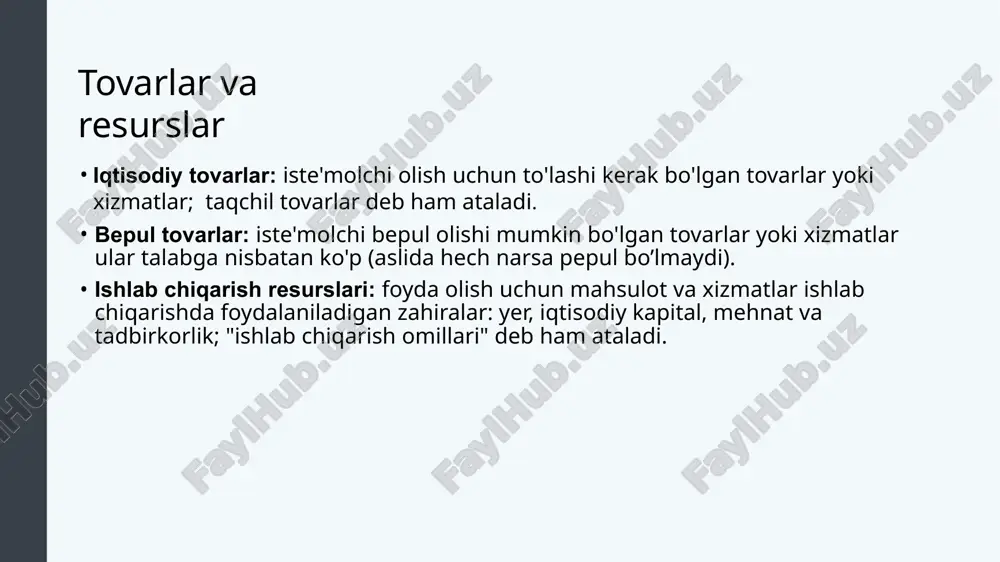 rtasida raqobatning jahon bozoridagi raqobat tufayli rag'batlantirilishi. mikroiqtisodiyot va makroiqtisodiyot mikro va makro makroiqtisodiyot: iqtisodning keng masalalarga qaratilgan bo'limi o'sish, ishsizlik, inflyatsiya va savdo balansi kabi. mikroiqtisodiyot: iqtisodning uy xo'jaliklari, ishchilar va korxonalar kabi iqtisoddagi muayyan agentlarning harakatlariga qaratilgan bo'limi. biz iste'molchilarning xulq-atvori nazariyasi va firma nazariyasi bilan tanishamiz. mikroiqtisodiyot va makroiqtisodiyot makroiqtisodiy tahlil iqtisodiyotni bir butun tizim sifatida, yoki uning tarkibiga kiruvchi yirik bo`linmalari, davlat, uy xo`jaligi va xususiy sektor darajasida o`rganishni nazarda tutadi. shuning uchun ham makroiqtisodiy tadqiqotlar yalpi ichki mahsulot, ishsizlik va bandlik, inflyatsiya va narxlarning umumiy darajasi, iqtisodiy o`sish, xalqaro savdo va to`lov balansi kabi umumiy masalalarni qamrab oladi. 20 mikroiqtisodiy tahlil aniq iqtisodiy sub′ektlar faoliyati bilan bog`liq va ularning bozordagi hatti-harakatini o`rganadi. bu yerda iqtisodiyotning alohida tarmoqlari, bozorlar, firmalar va iste′molchilar xususida fikr yuritiladi. tahlil ob′ekti sifatida aniq bir mahsulotni ishlab chiqarish hajmi va narxi, ishlab chiqarish xarajatlari va mahsulot tannarxi, firma daromadi va foydasi, …
