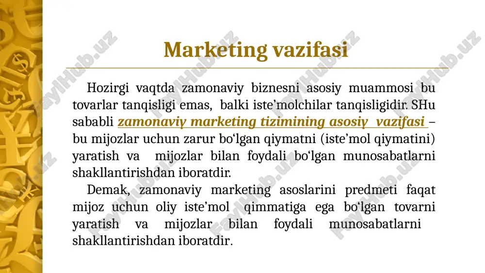 ni asosiy kategoriyalari, uning tushunchasi, mohiyatini aniqlashga imkon beradi. muhtojlik – kishini biron bir narsani etishmasligini his etishidir. ehtiyoj – individ shaxsning madaniy darajasiga asosan maxsus shaklga muhtojlikdir. talab – bu xarid quvvatiga ega bo‘lgan ehtiyoj. talab – mavjud, potensial hamda xohish talabiga bo‘linadi. tovar – bu ehtiyojni yoki muhtojlikni qondira oladigan hamda bozorga e’tiborni tortish, sotib olish, ishlatish yoki iste’mol qilish maqsadida taklif etilgan barcha narsalardir. ayirboshlash – biron bir shaxsdan o‘ziga kerakli bo‘lgan ob’ektni olish uchun, uning evaziga boshqa narsani taklif etadi. marketingni mohiyati tovarni ishlab chiqarish va xizmat ko‘rsatish albatta iste’molchiga, talab, ishlab chiqarish imkoniyatlarini mo‘ljallashdan iborat. marketingni vazifasi nafaqat talabni qondirishdan iborat va aksincha unga shunday ta’sir ko‘rsatish kerakki, u taklifga mos kelsin. hozir ko‘pgina chet ellik marketologlar zamonaviy marketing tushunchasi ishbilarmonlikka kiradigan faoliyatni o‘z ichiga olmog‘i kerak deb hisoblaydilar. boshqalari esa bunday izohlarni tanqid qilib, ayriboshlashning hamma turlari ham marketing tusiga ega emasligini va marketing …