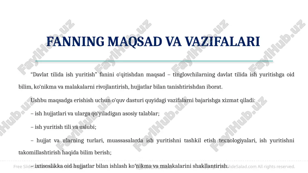 a meros mulkni taqsimlash, bolalarni hunar o‘rganish uchun shogirdlikka berish, korxonalar, savdo do‘konlari, yer–suv hamda uy–joy, mol–mulkni sotish, sotib olish yoki ijaraga berish, qullar mehnatidan foydalanish, qullarni ozod etish, taloq, sulh kabi munosabatlar o‘sha davr huquqni nazorat etuvchi mutasaddilari – qozilar tomonidan tasdiqlangan. copyright (c) slidesalad.com all rights reserved. free slidesalad powerpoint template 12 xorazm xarobalaridan esa charm va taxtachaga yozilgan hujjatlar topilgan. tuproqqal’a hayot bo‘lgan davrdagi xonadon a’zolarining ro‘yxati, harbiy chaqiriq, soliq, jon-mol ro‘yxati, xo‘jalik asboblarining olingani haqidagi tilxat qadimgi hujjatlardan darak beradi. turkiy tillar mutaxassisi s.e.malov o‘z asarida qadimgi turkiy yozuvida xiii asrlarda bitilgan qadimgi hujjat (shikoyat, oldi- sotdi, ijaraga qo‘yish, tilxat) namunalarini keltiradi. copyright (c) slidesalad.com all rights reserved. free slidesalad powerpoint template 13 x asr olimi abu abdulloh al-xorazmiy “ilmlar kaliti” asarining “arab” ilmlari qismida ish yuritish daftarlarini sharhlab, somoniylar davlatidagi soliq xillari va ularni yig‘ish yo‘li, hajmi, sharq mamlakatlarining hududlarida ishlatilgan og‘irlik hamda o‘lchov birliklarini …