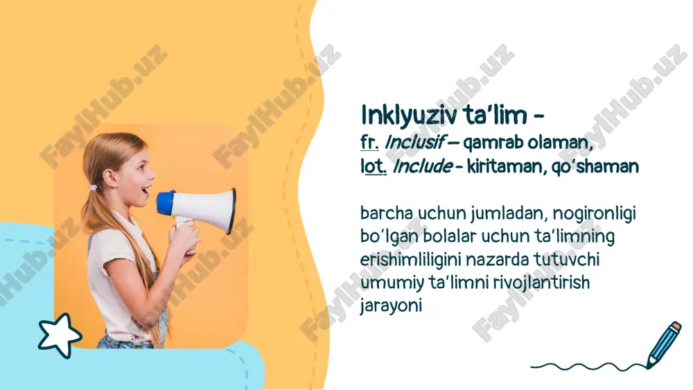 yatlariga ega bo‘lgan o‘quvchilar uchun har qanday kamsitilishni istisno qiladigan, barcha bolalarga teng munosabatda bo‘lishni ta’minlaydigan yagona moslashtirilgan ijtimoiy muhitni yaratish; 2-vazifa jamoatchilik hamda ta’lim jarayonining barcha ishtirokchilarida alohida ta’lim ehtiyojlari bo‘lgan o‘quvchilar muammolariga nisbatan bag‘rikenglik munosabatini shakllantirish; 3-vazifa ta’lim jarayonida sog‘lom bolalar bilan bir qatorda alohida ta’lim ehtiyojlari bo‘lgan bolalarning aqliy va ijtimoiy salohiyatlarini rivojlantirish; 4-vazifa barcha o‘quvchilar uchun davlat ta’lim standartlariga muvofiq umumiy o‘rta ta’lim dasturlarini o‘zlashtirish uchun imkoniyat yaratish; 5-vazifa o‘quvchilarning har tomonlama rivojlanishi, emotsional-irodaviy sohasi, bilish faoliyatini faollashtirish, ijtimoiy ko‘nikma va salohiyatini shakllantirish uchun shart-sharoitlar yaratish; 6-vazifa atebblarni tarbiyalayotgan oilalarga maslahat yordami berish hamda ota-onalarning farzandlariga ta’lim-tarbiya berish, pedagogik texnologiyalar, ta’lim-tarbiya metod va vositalarini qo‘llash sohasidan xabardorlik darajasini oshirish, ularni psixologik-pedagogik jihatdan qo‘llab-quvvatlash. ushbu ta'limnin vazifalari: ta'lim muassasasida imkoniyati cheklangan bolalar va o‘smirlarning ta'lim olishlari uchun zaruriy psixologo-pedagogik, kooreksion sharoitlarni yaratish, ularning imkoniyatiga yo‘naltirilgan umumta'lim dasturlari va korreksion ishlarni amalga oshirish orqali ruhiy rivojlanishi, ijtimoiy moslashtirishni …